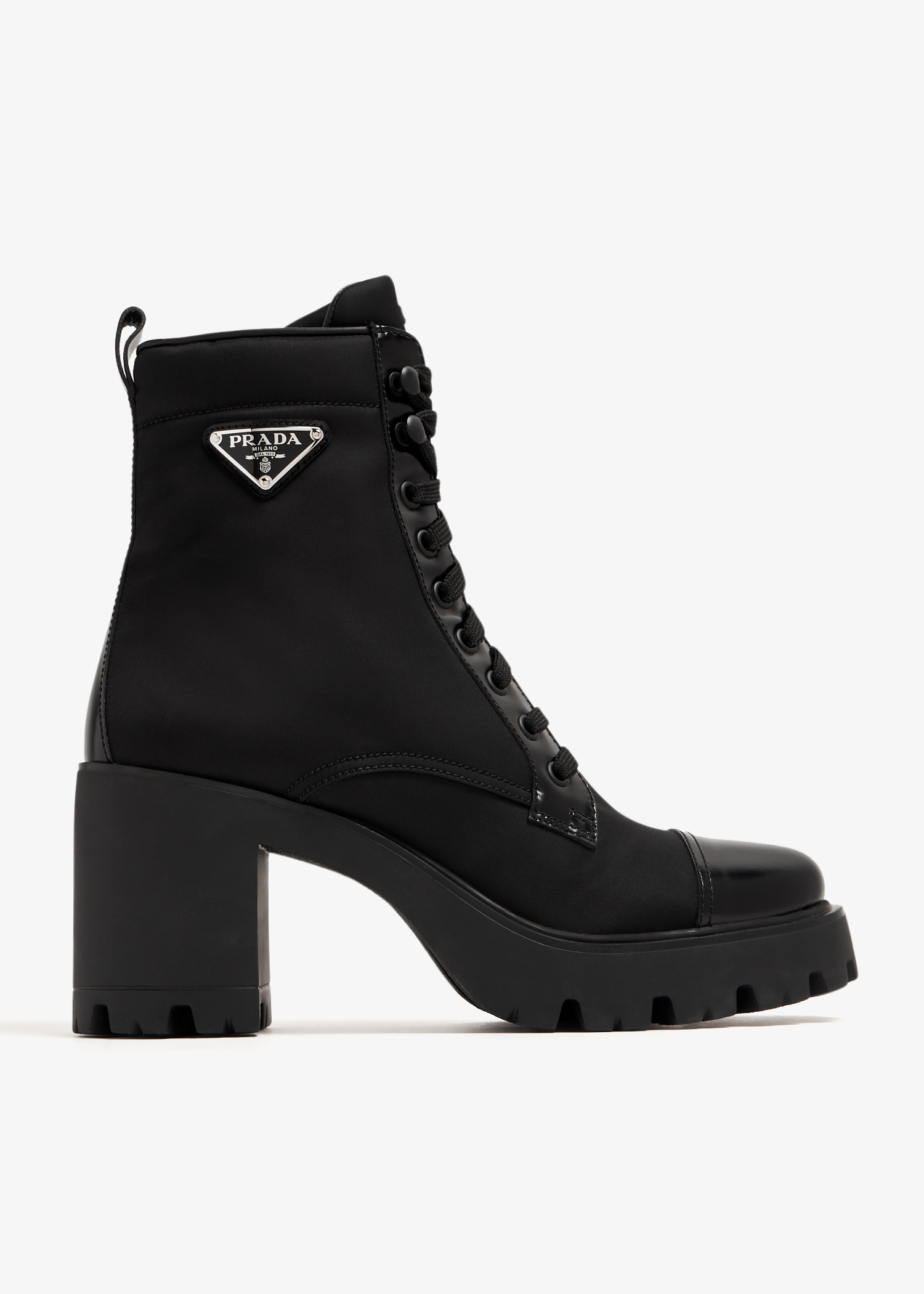 新作*PRADA*ロゴ入レザー&ナイロンミドルブーツ 8.5cmヒール