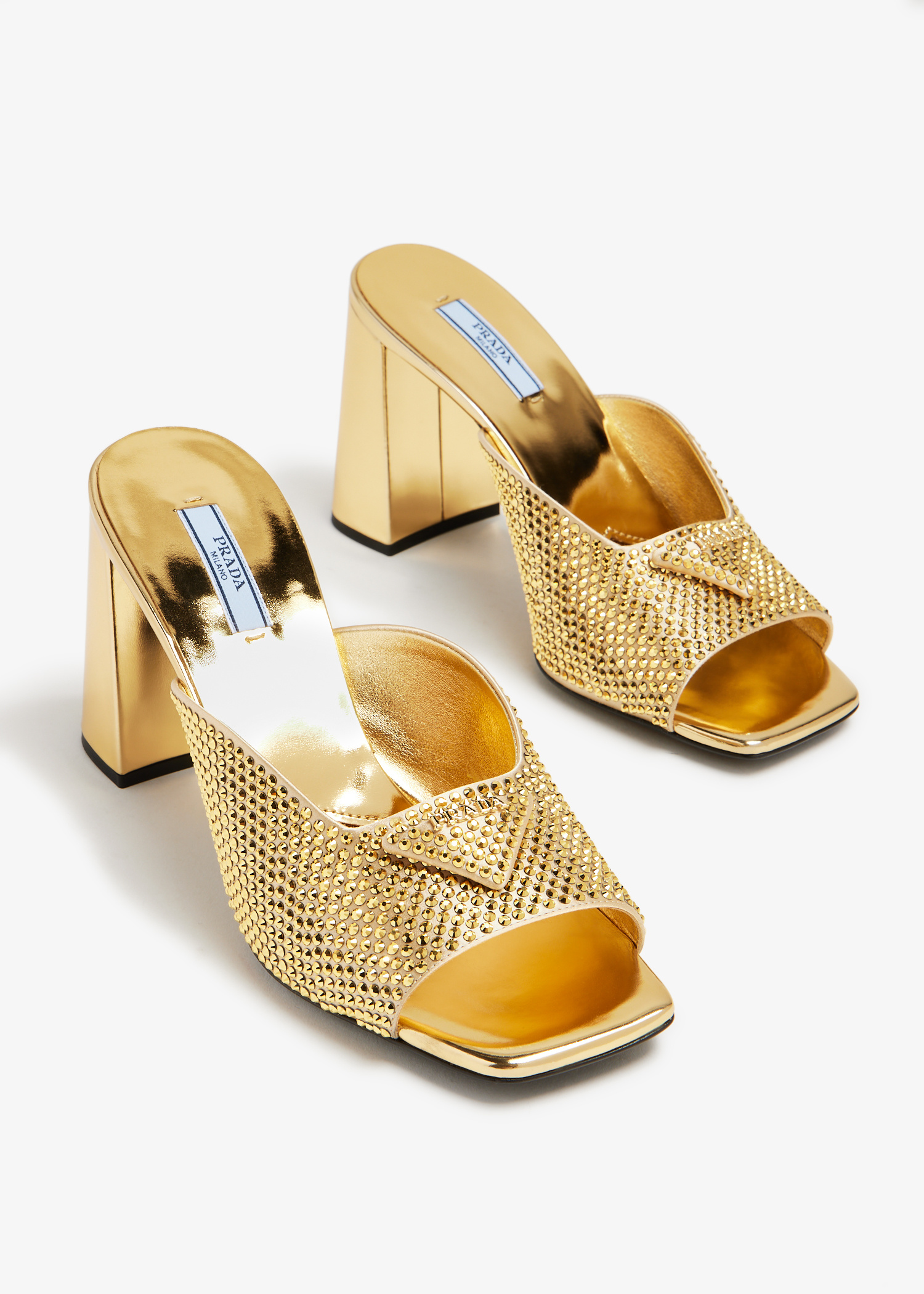 Prada Satin crystal heeled slides for Women - Gold in Qatar