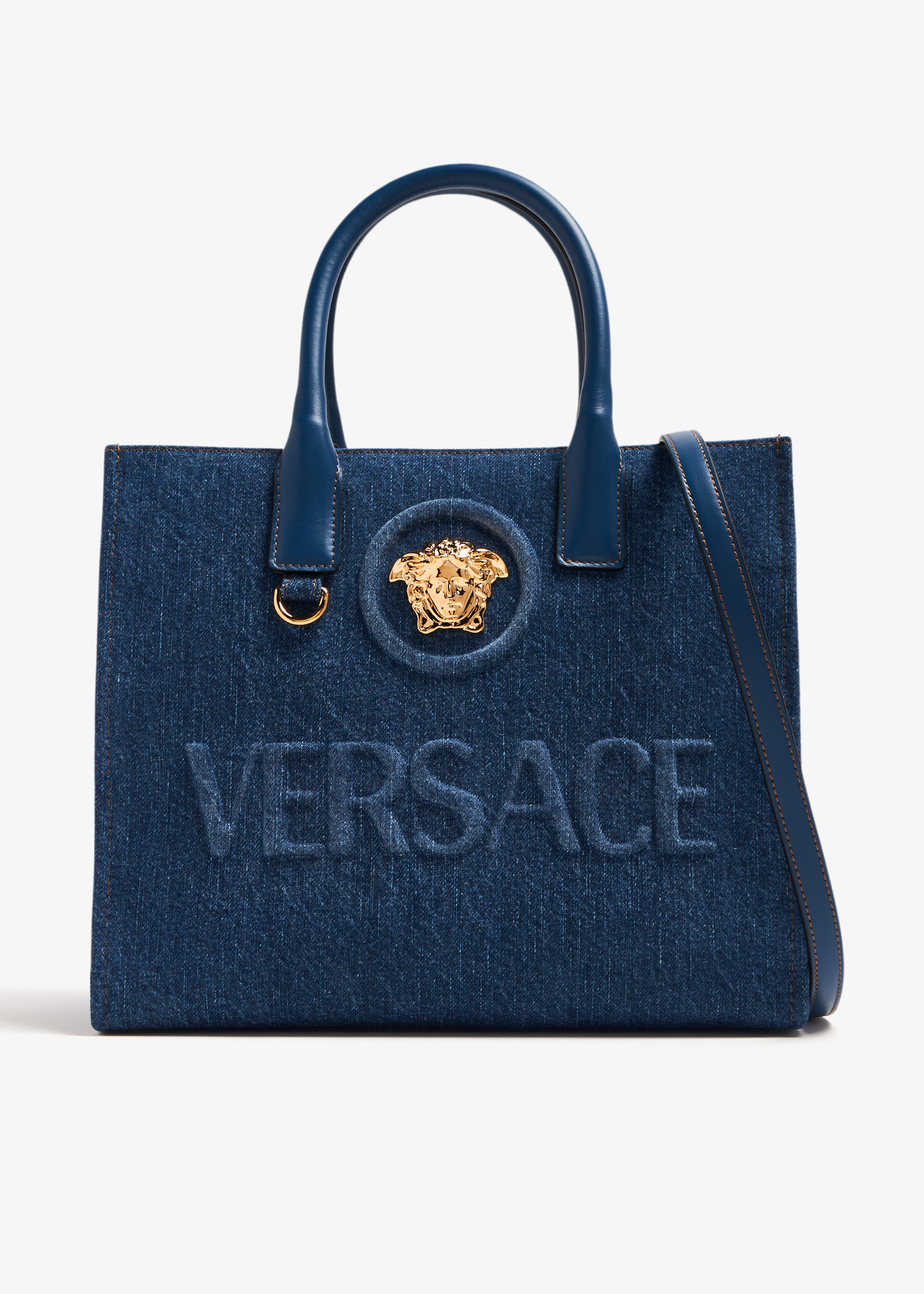Versace La Medusa small denim tote bag for Women - Blue in USA
