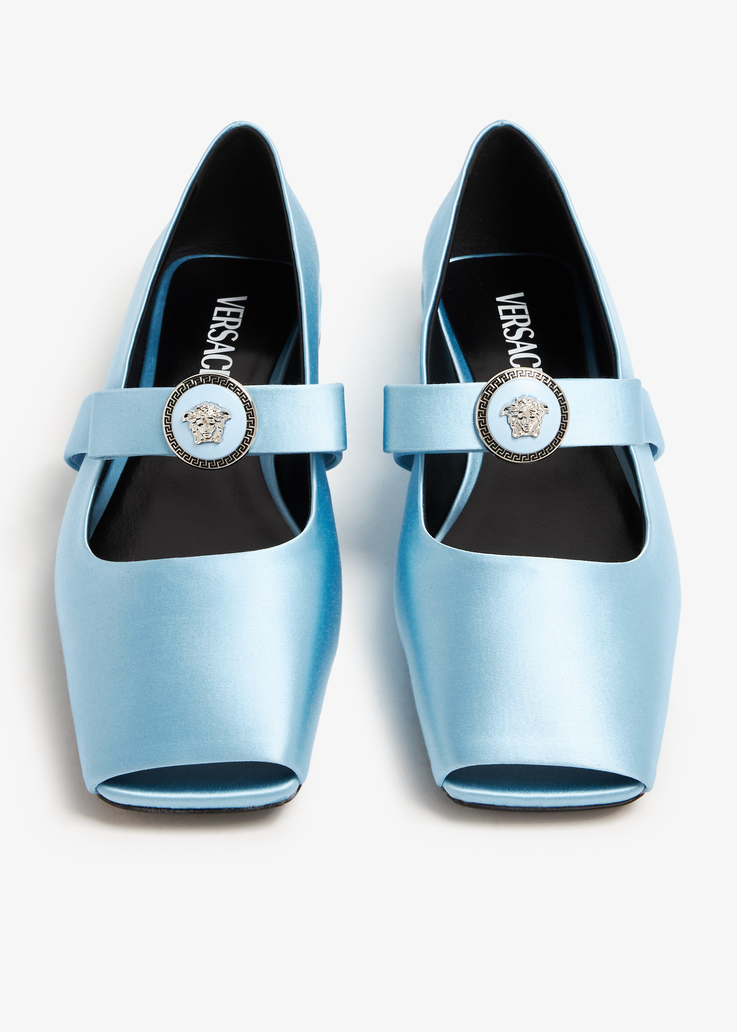 【関税込み】Versace ブルー サテン Gianni Ribbon Low ミュール Versace Gianni Ribbon Satin Caged Sandals | Blue | FARFETCH