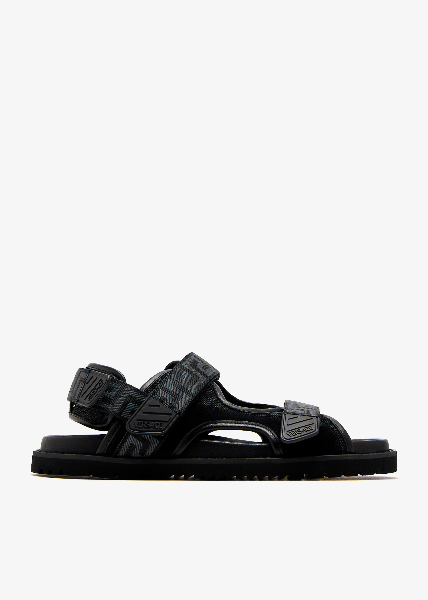 H9615 Versace Size 40 Black Brown Fabric Velcro Sandals Jacquard Nappa Sandals | VERSACE US main image 2
