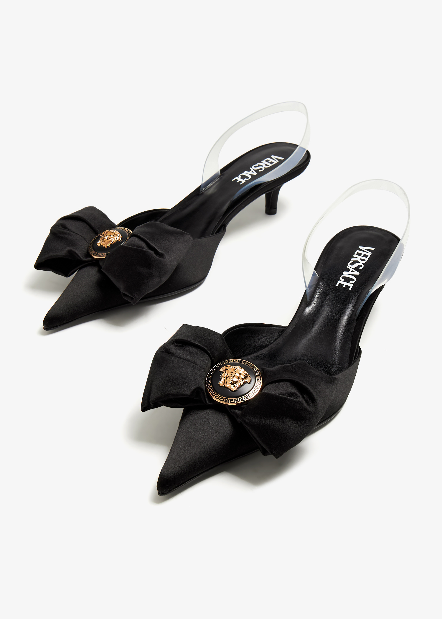 【VERSACE】 Alia Slingback Pumps Alia 45 satin slingback pumps in black - Versace | Mytheresa