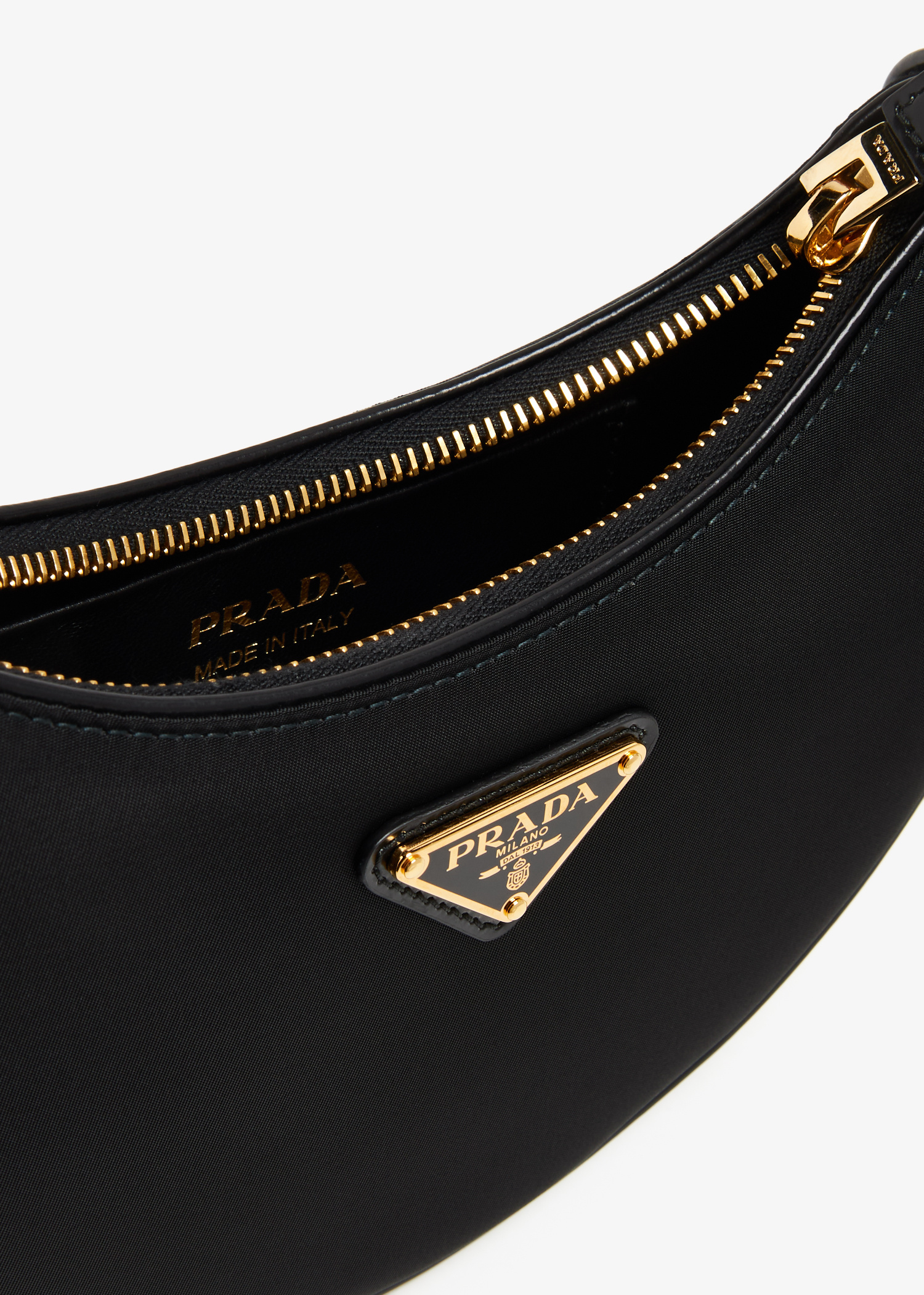 関税込 PRADA Black Re-Nylon and leather ArquA handbag Prada Arqué Re-Nylon Brushed Leather Bag (Black) – Luxury
