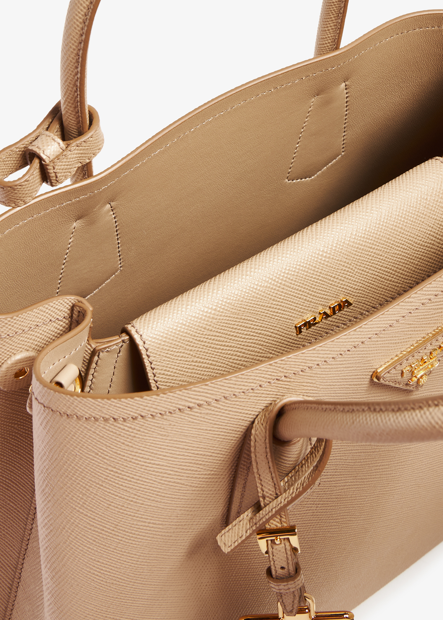 【関税&送料込】Prada Sand Leather Small Double Handbag Prada Double Saffiano leather small bag for Women - Beige in