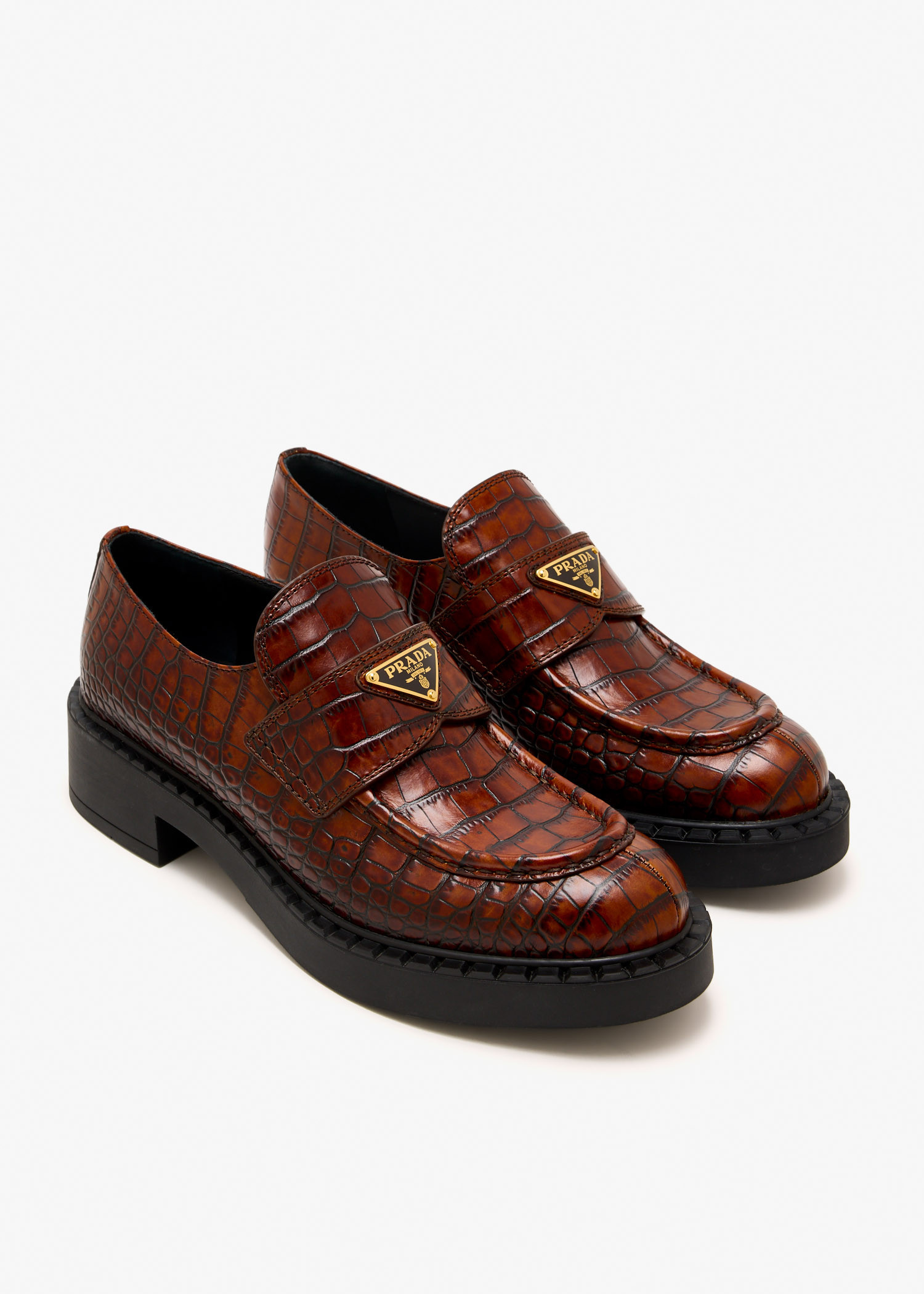 靴 PRADA square toe leather loafers brown Prada Chocolate crocodile-print leather loafers for Women - Brown