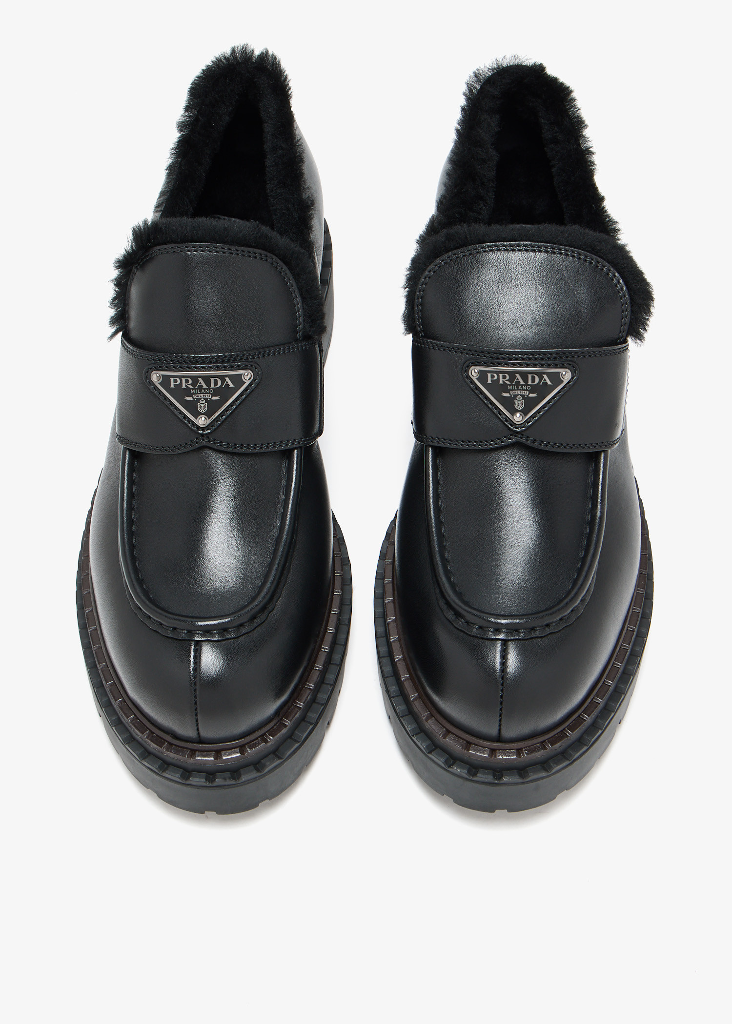 Prada Double Chocolate leather and shearling loafers for Women