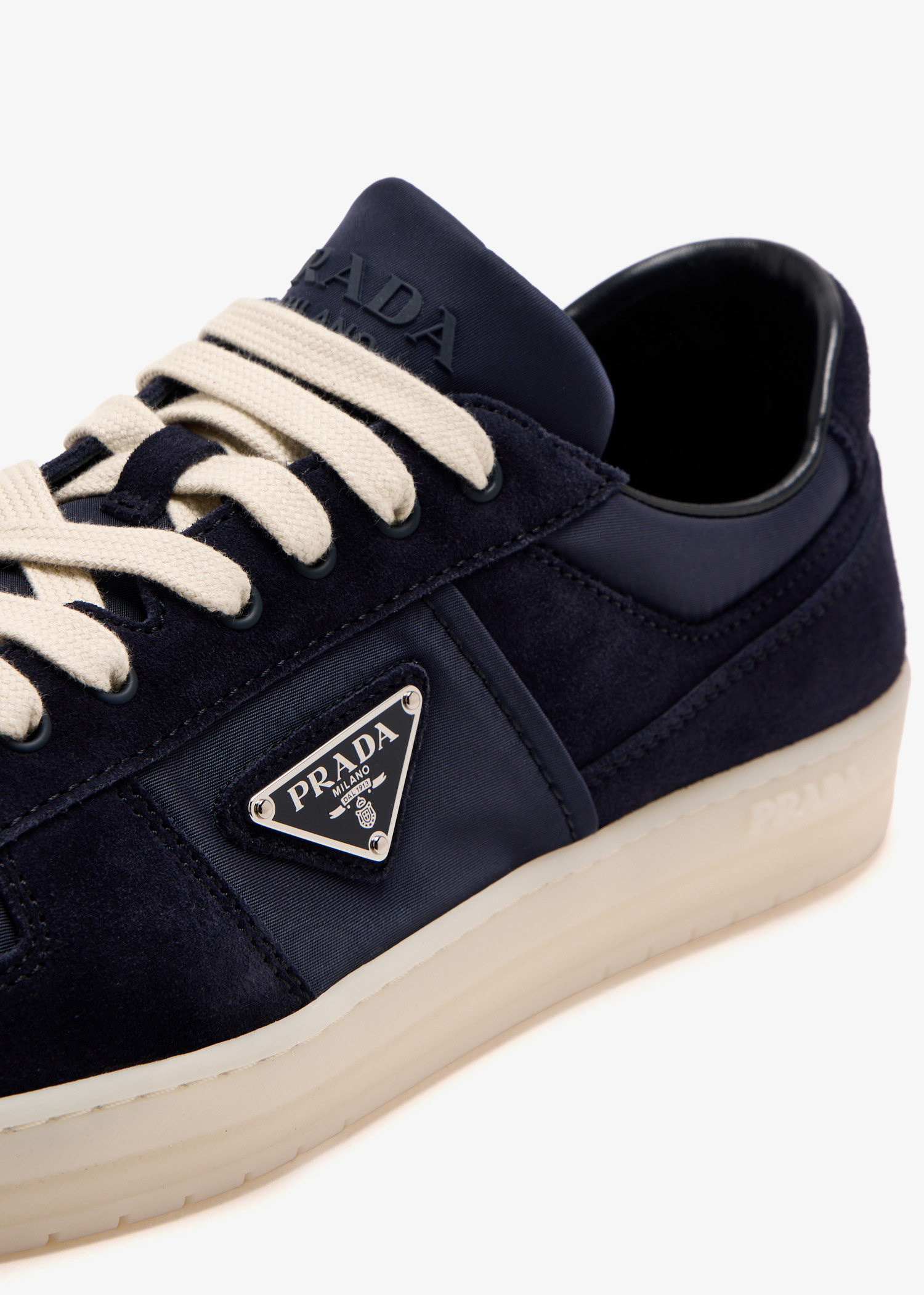 スニーカー PRADA Navy blue canvas and suede Downtown sneakers PRADA Suede Downtown Sneakers - 4E3507 - Navy Blue White NEW