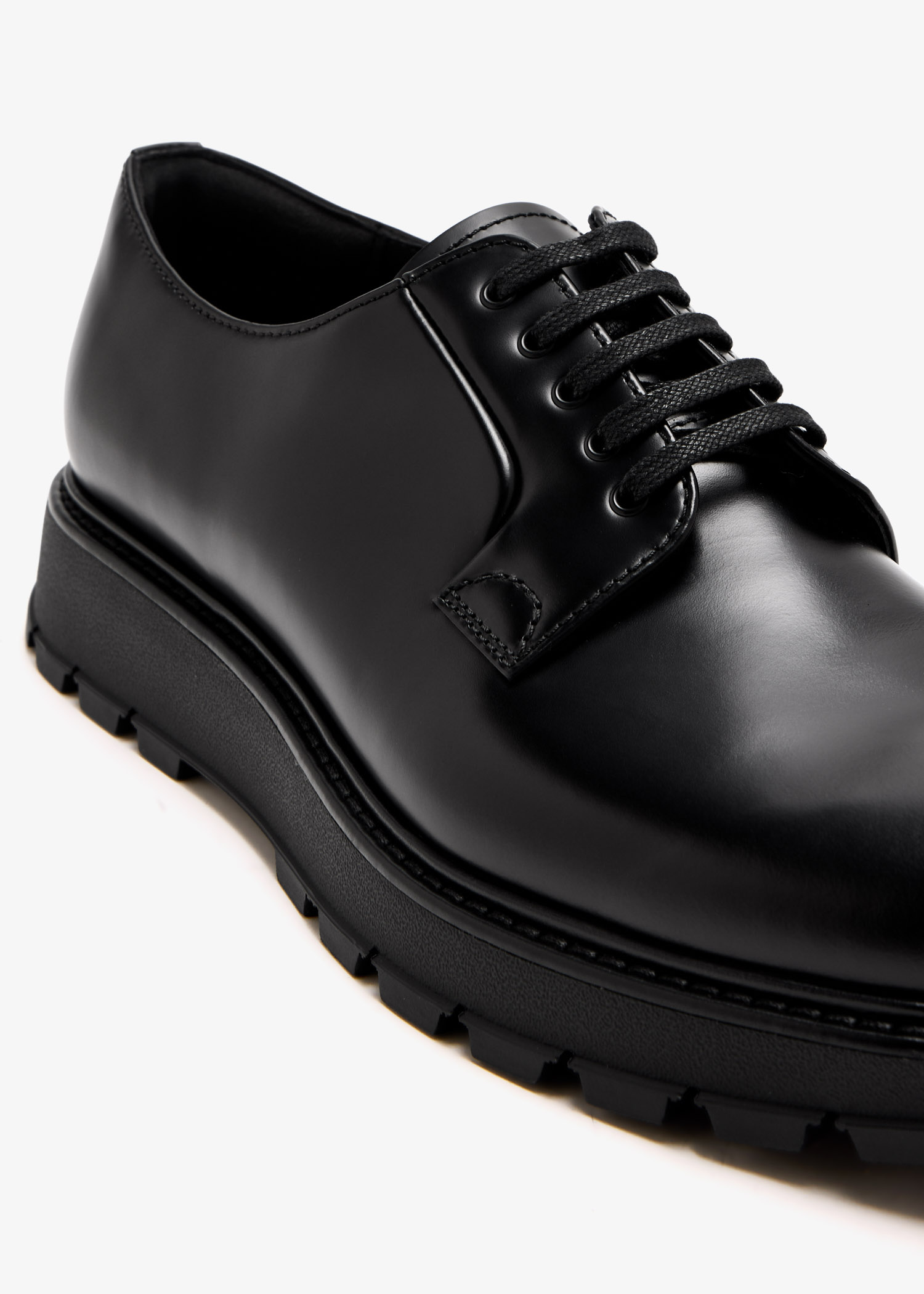 靴 prada leather shoes Black Brushed Leather Lace-up Shoes | PRADA