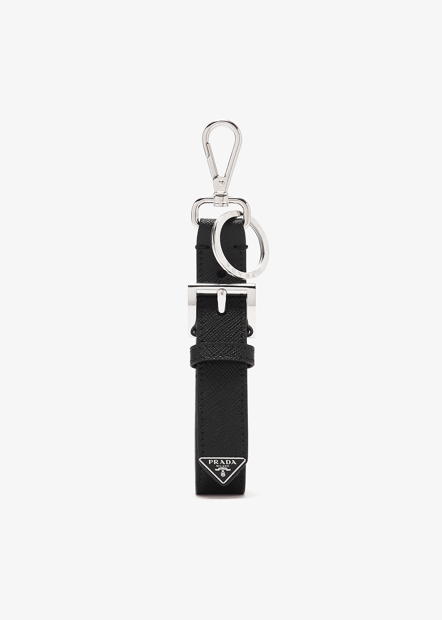 キーホルダー・キーリング PRADA BLACK SAFFIANO KEY RING WITH LOGO Prada Men's Saffiano Leather Key Ring | Neiman Marcus