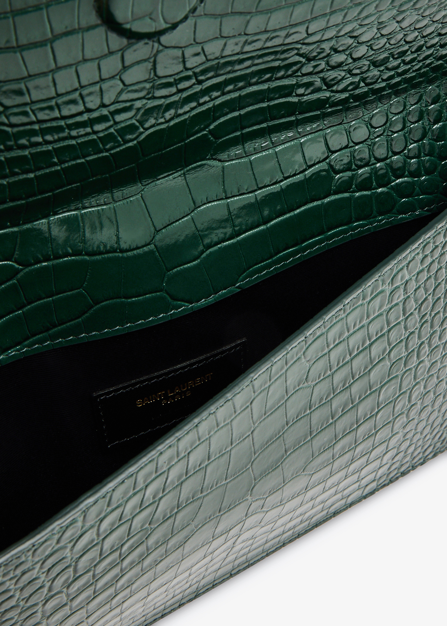 24PF new/Saint Laurent 大型YSLエンベロープポーチ Bag Green UPTOWN POUCH IN CROCODILE-EMBOSSED SHINY LEATHER | Saint