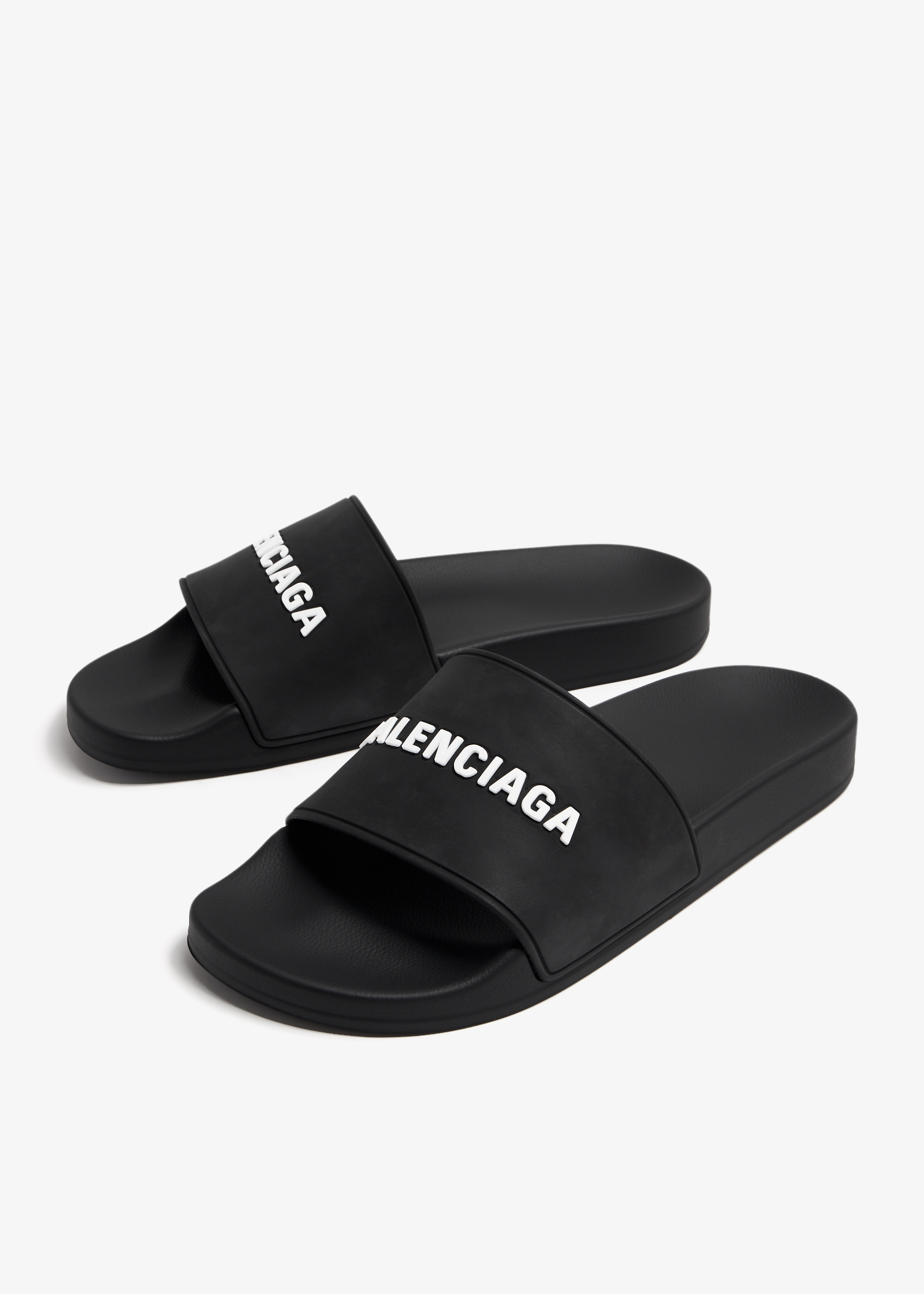 【早い者勝ち】新品Balenciaga Rubber Logo Slide BALENCIAGA Womens Black Rubber Logo Chunky Platform Slides
