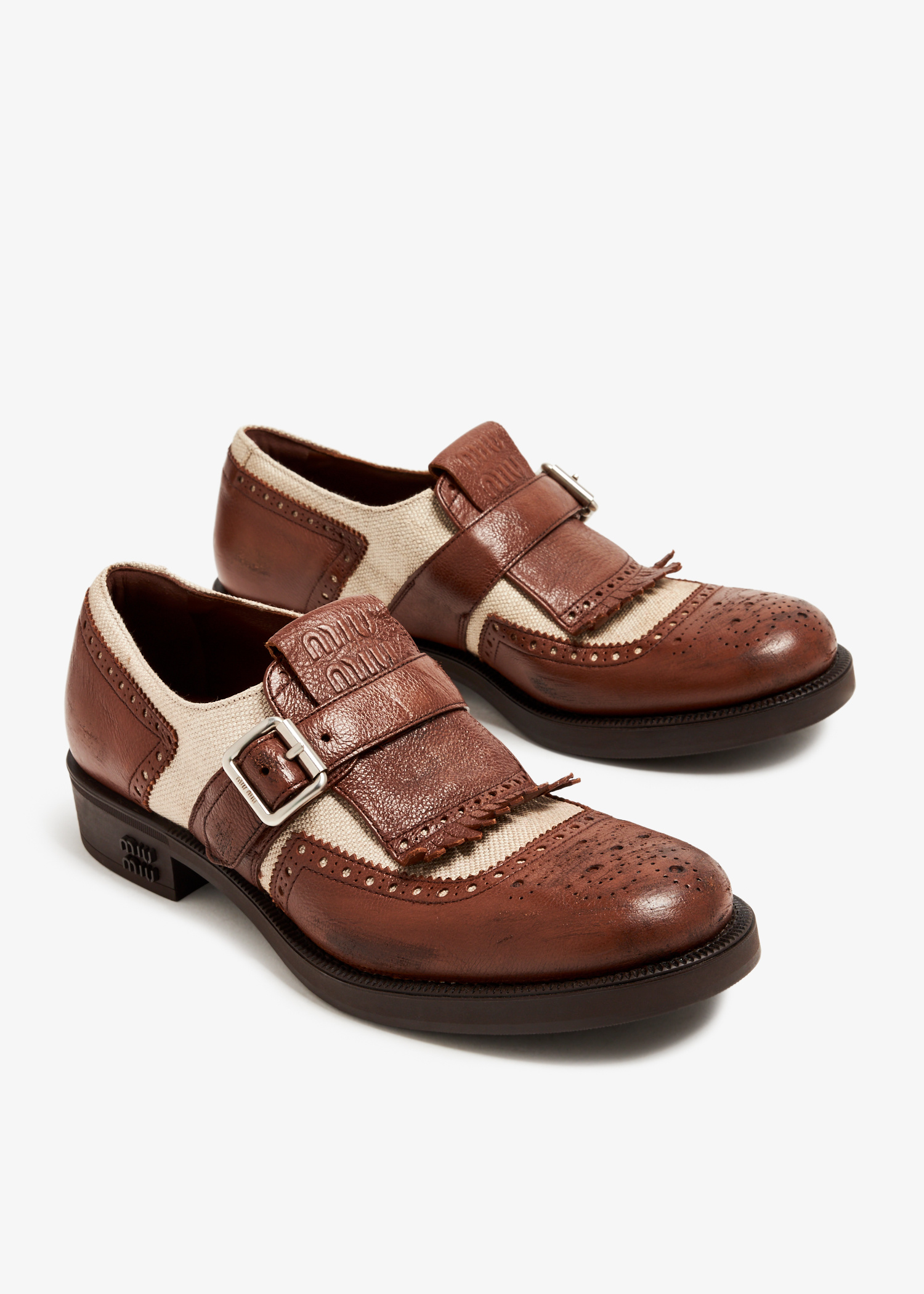 Miu Miu x Church's 上海系列女士皮革亚麻鞋- 棕色| Level Shoes