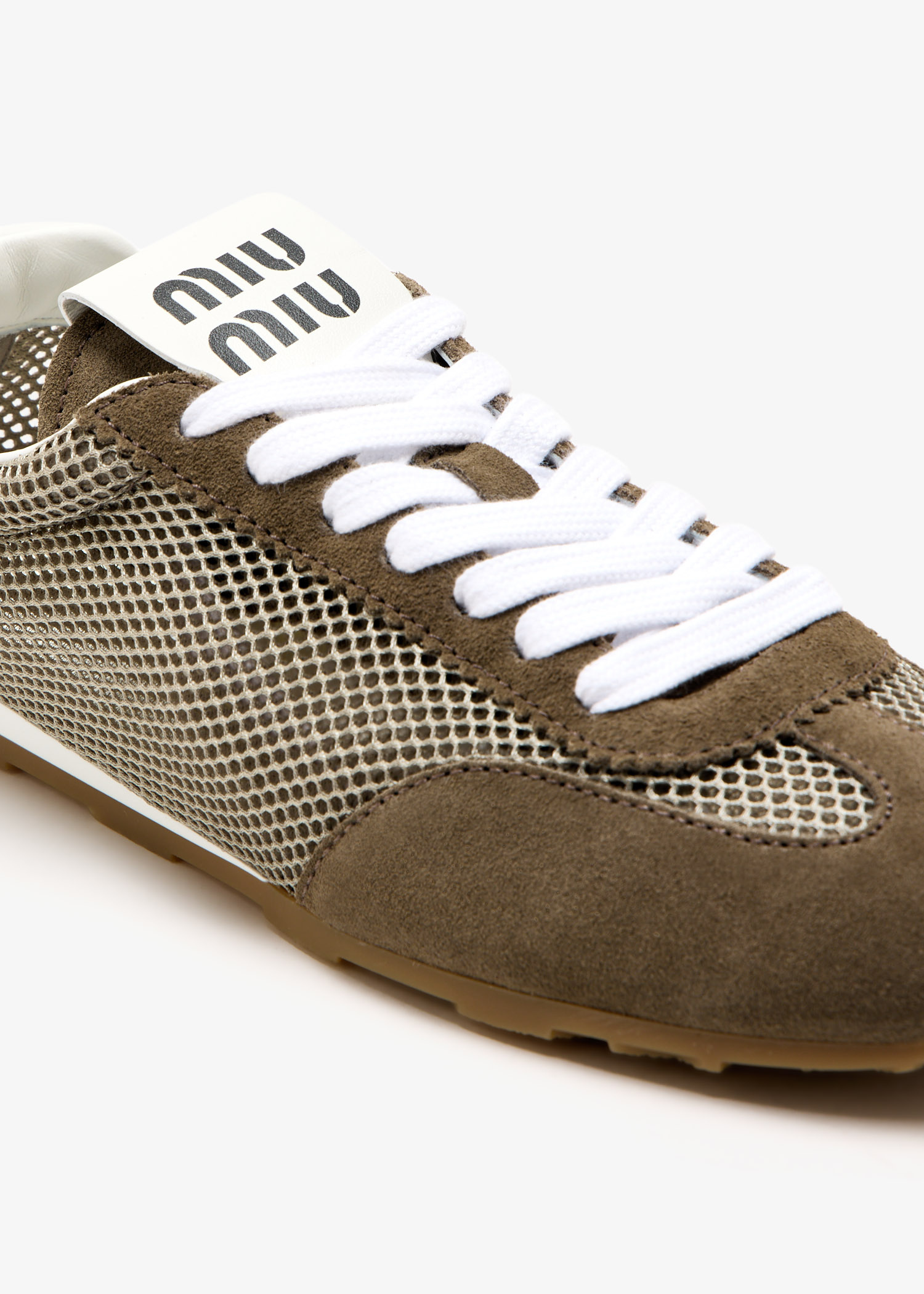 Miu Miu Plume mesh and suede sneakers for Women - Khaki in