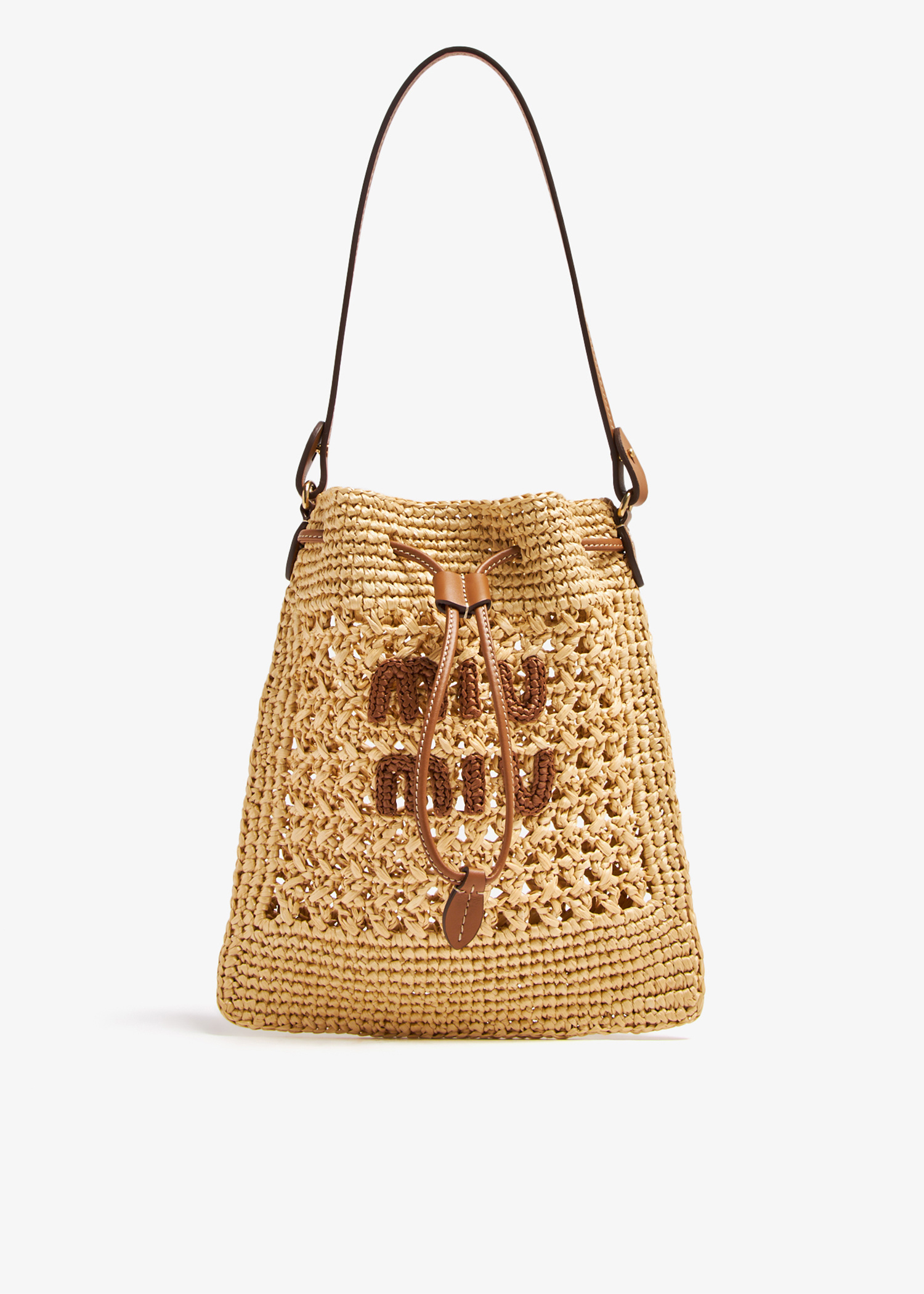 トートバッグ MiuMiu | Woven fabric hobo bag 5BC116_2DO1_F0A5T_V_OOM Beige/cognac Woven Fabric Hobo Bag | Miu Miu