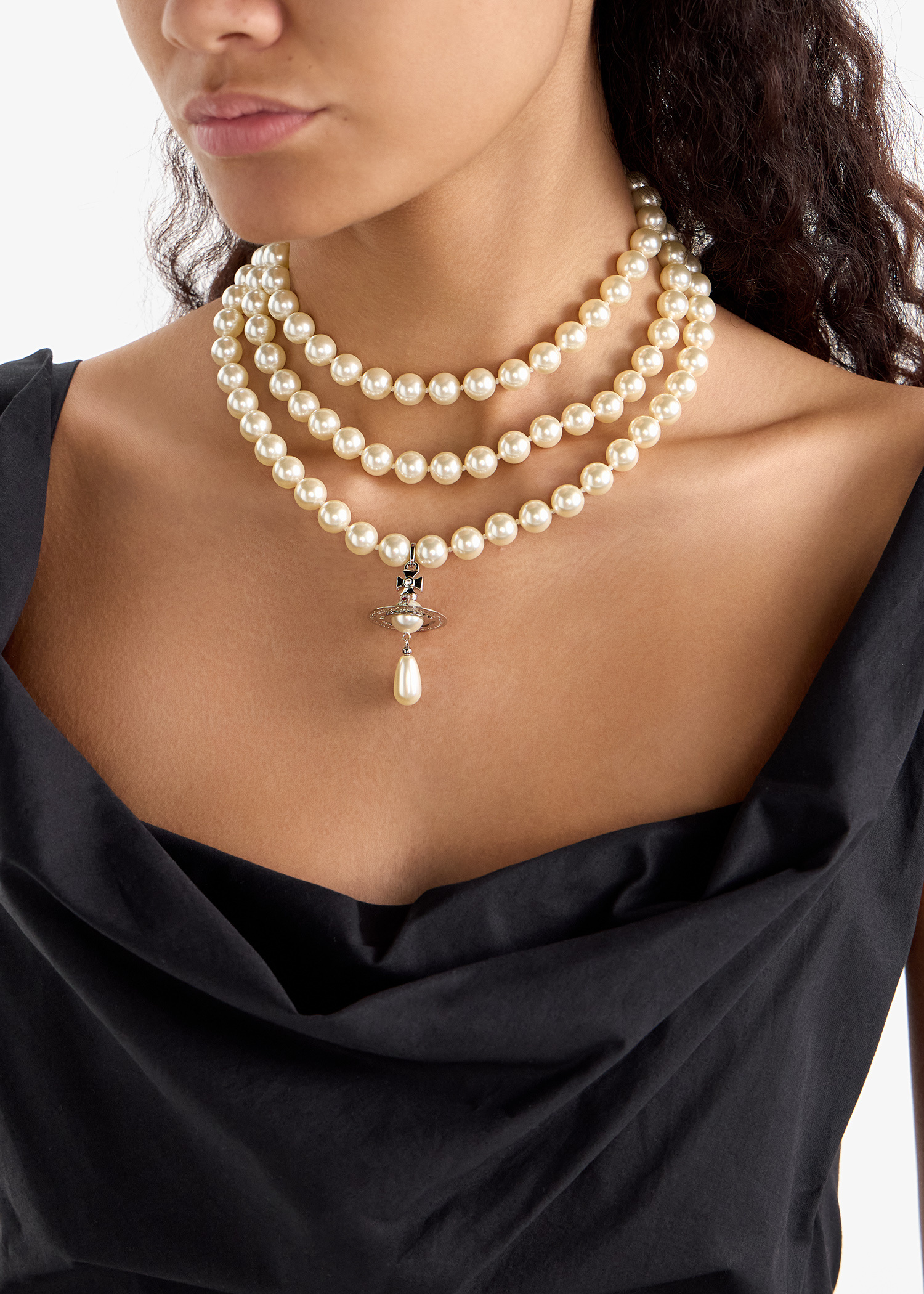 Westwood Pearl Three Row Pearl Bas Relief Choker Drop Necklace 