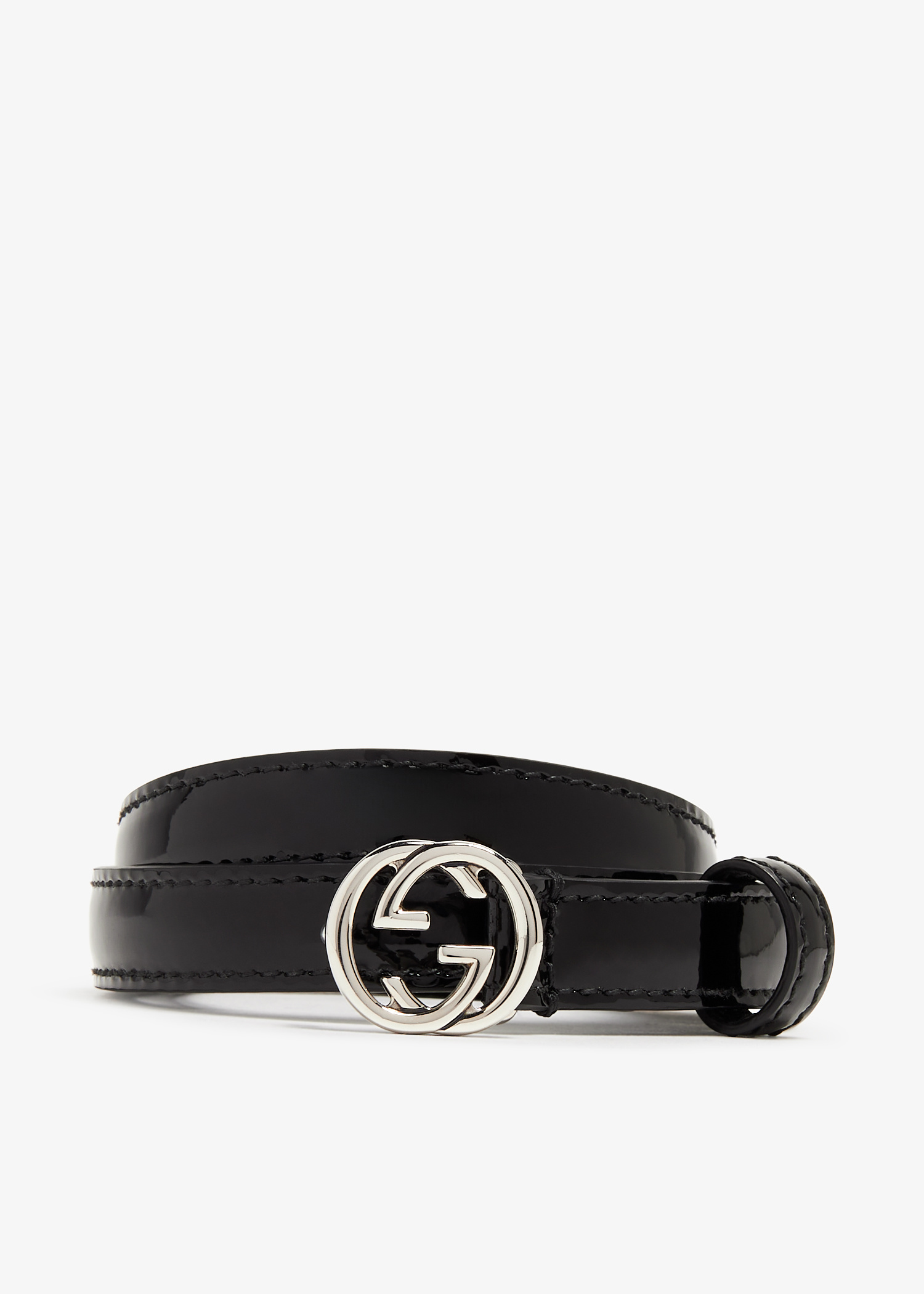 Gucci Black Patent Leather Slim belt with Gold Double G Authentic Gucci Black Smooth Calfskin Leather Gold Double G  main image 3