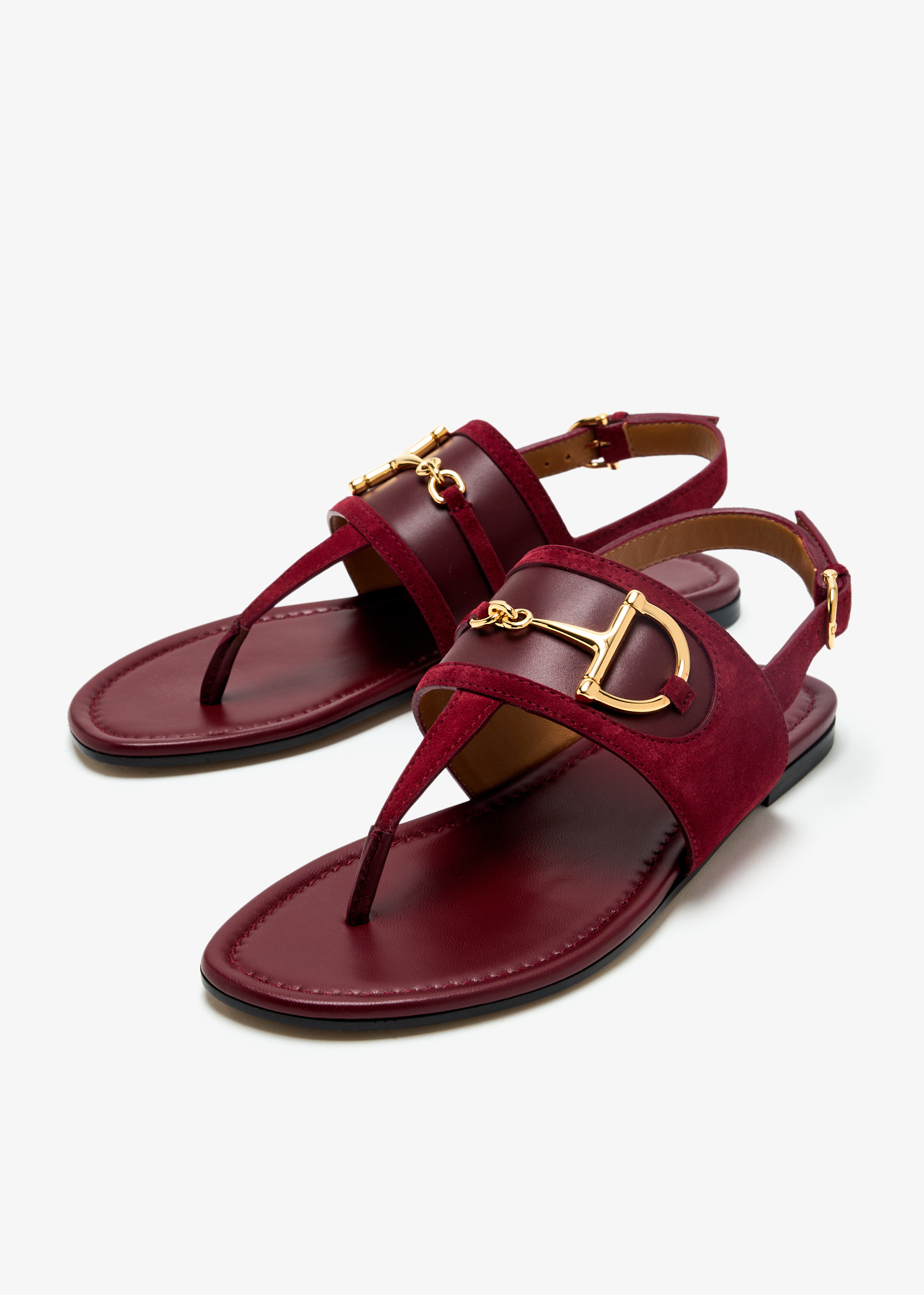 サンダル・ミュール GUCCI BURGUNDY LEATHER THONG SANDALS Gucci Horsebit thong flat sandals for Women - Burgundy in