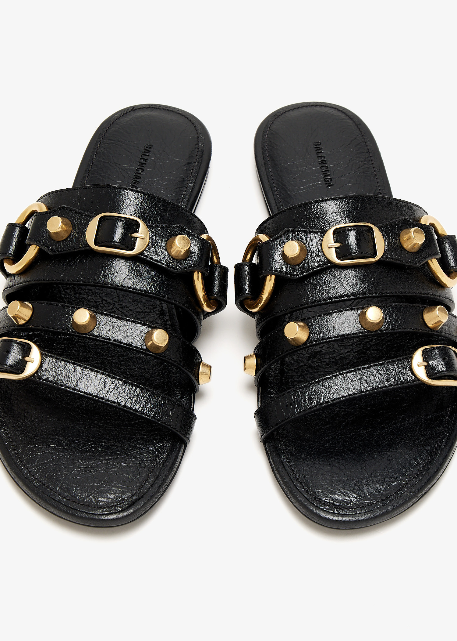 サンダル・ミュール BALENCIAGA CITY SLIDE SANDALS IN ARENA LEATHER Balenciaga City Leather Triple-Band Slide Sandals | Neiman