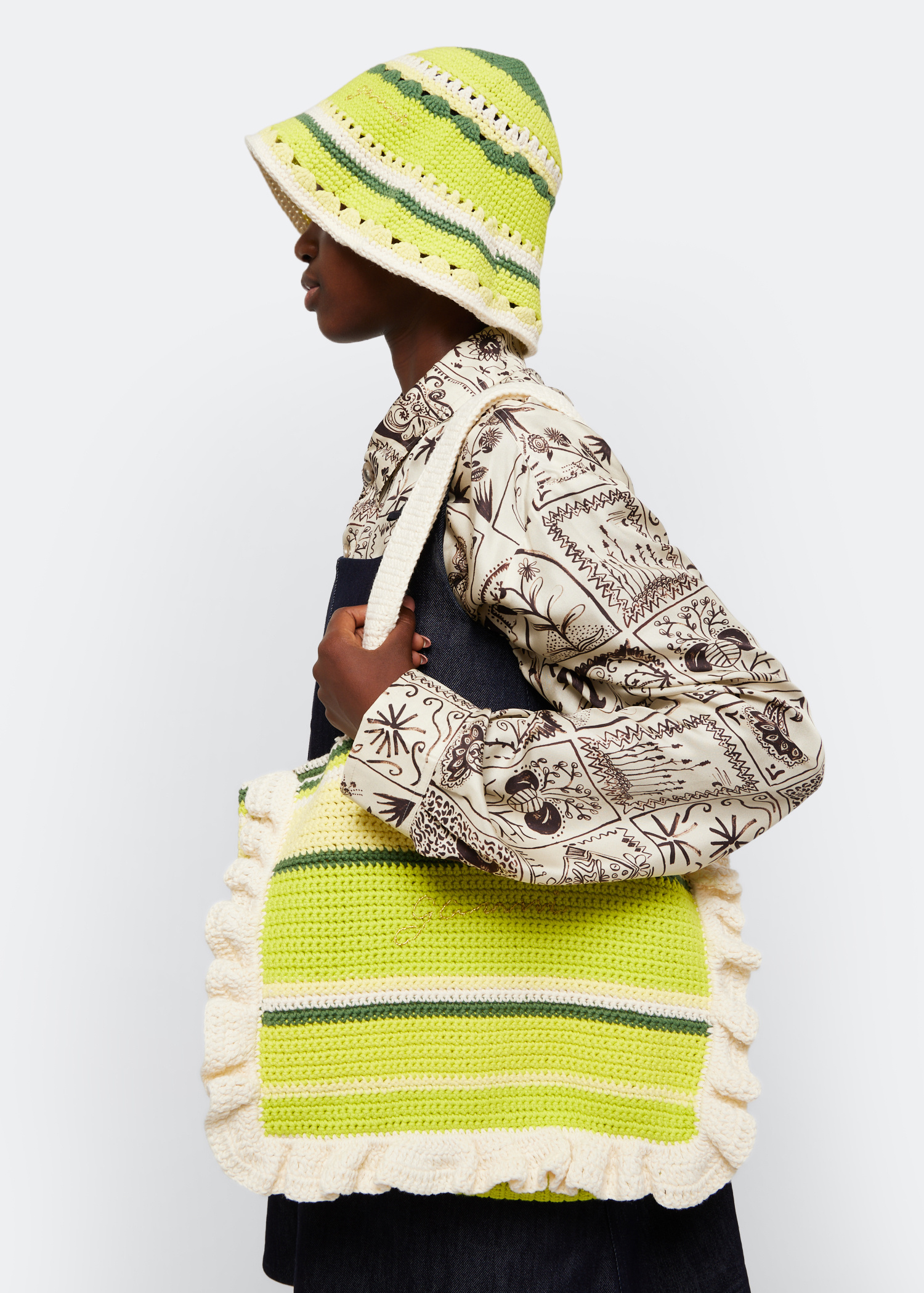 ★Ganni★ Cotton Crochet Frill Tote Bag Yellow A4515373 A451 MUSINSA | GANNI Cotton Crochet Frill Tote Bag - Yellow
