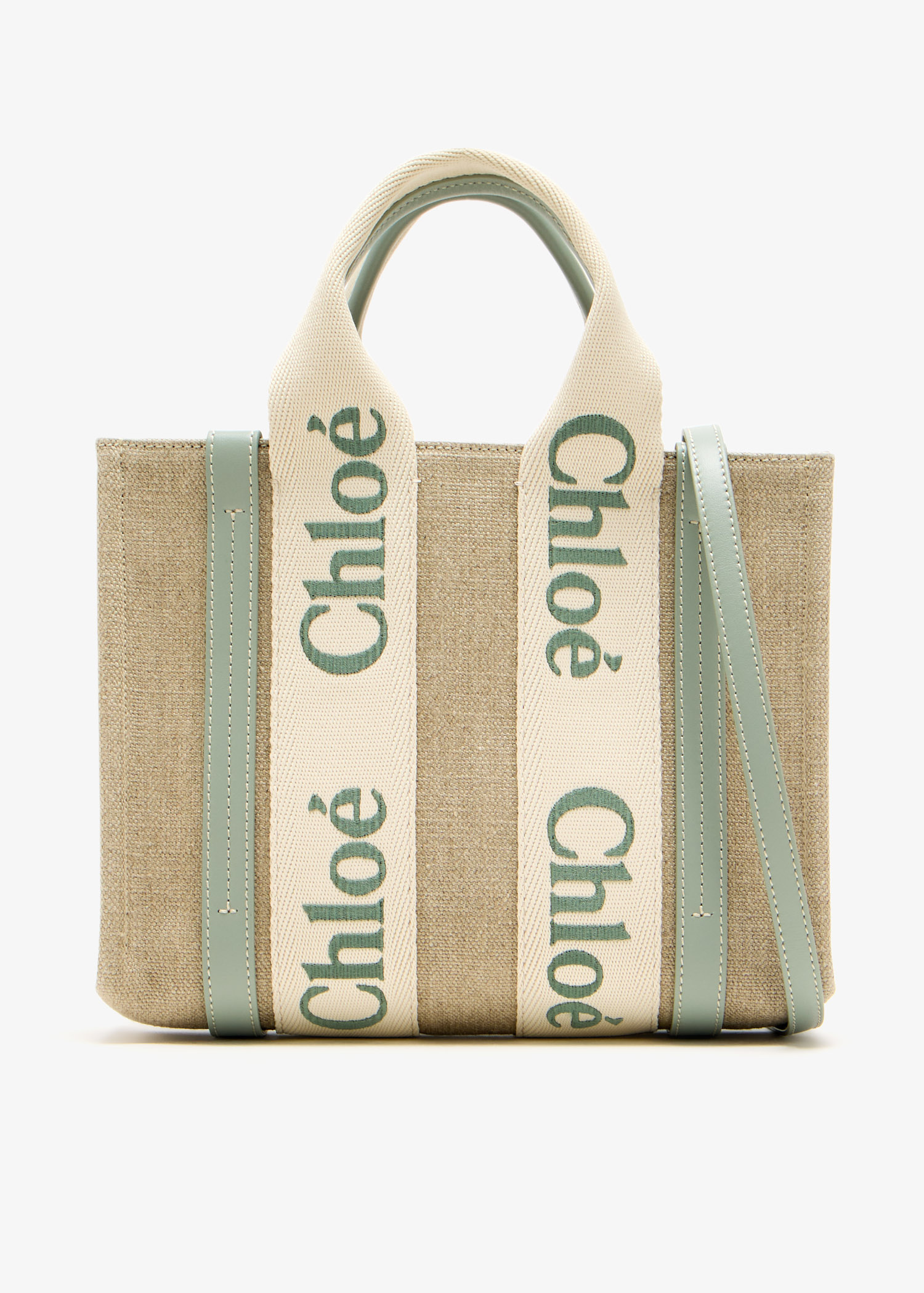【Chloe】Mini Woody Tote Pop Green ☆関税送料込み Chloé Mini Woody Tote Bag In Linen in White - Brown | Chloé US