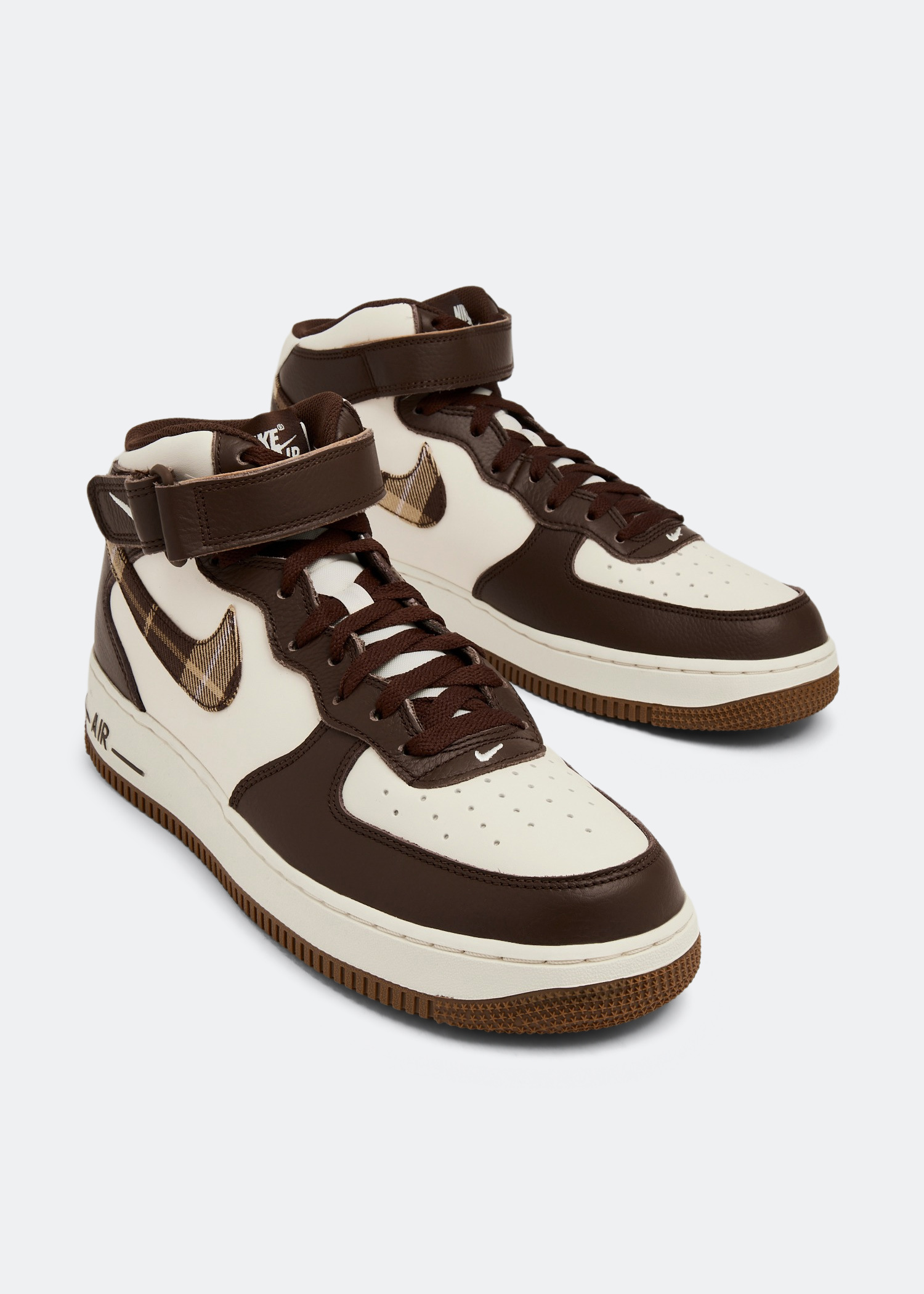 Nike Men\'s Brown Leather High-Top Sneakers with Red Plaid Collar Accent nike Air Force 1 is here in  main image 4
