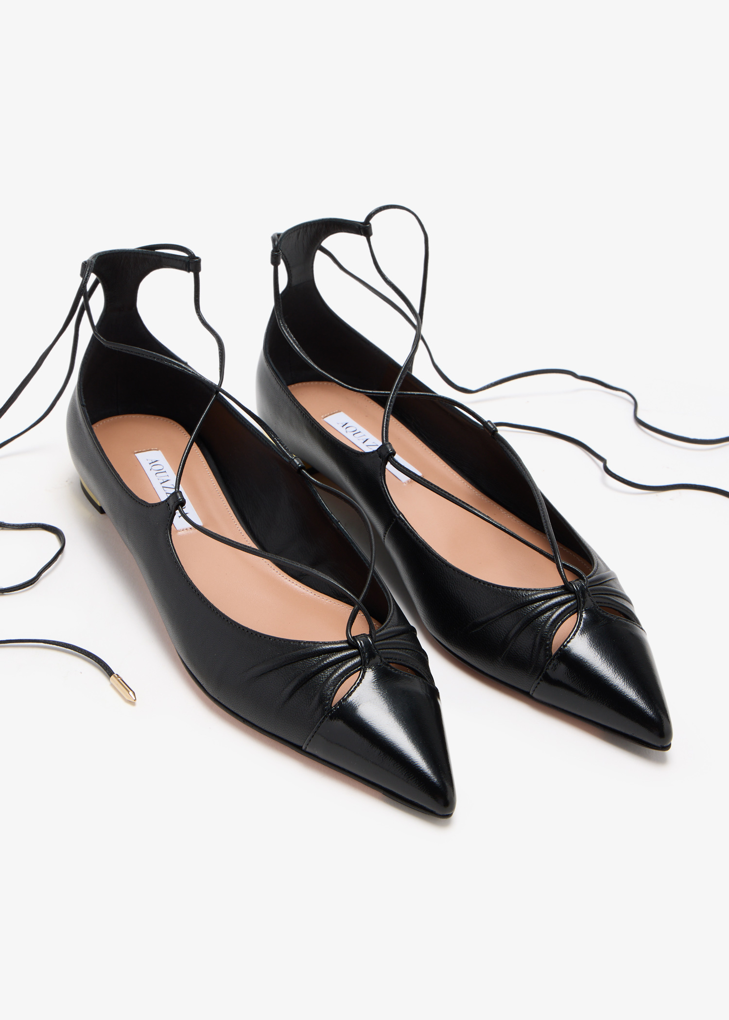 【AQUAZURRA】GABI FLATS AQUAZZURA Gabi lace-up glossed-leather point-toe flats | NET