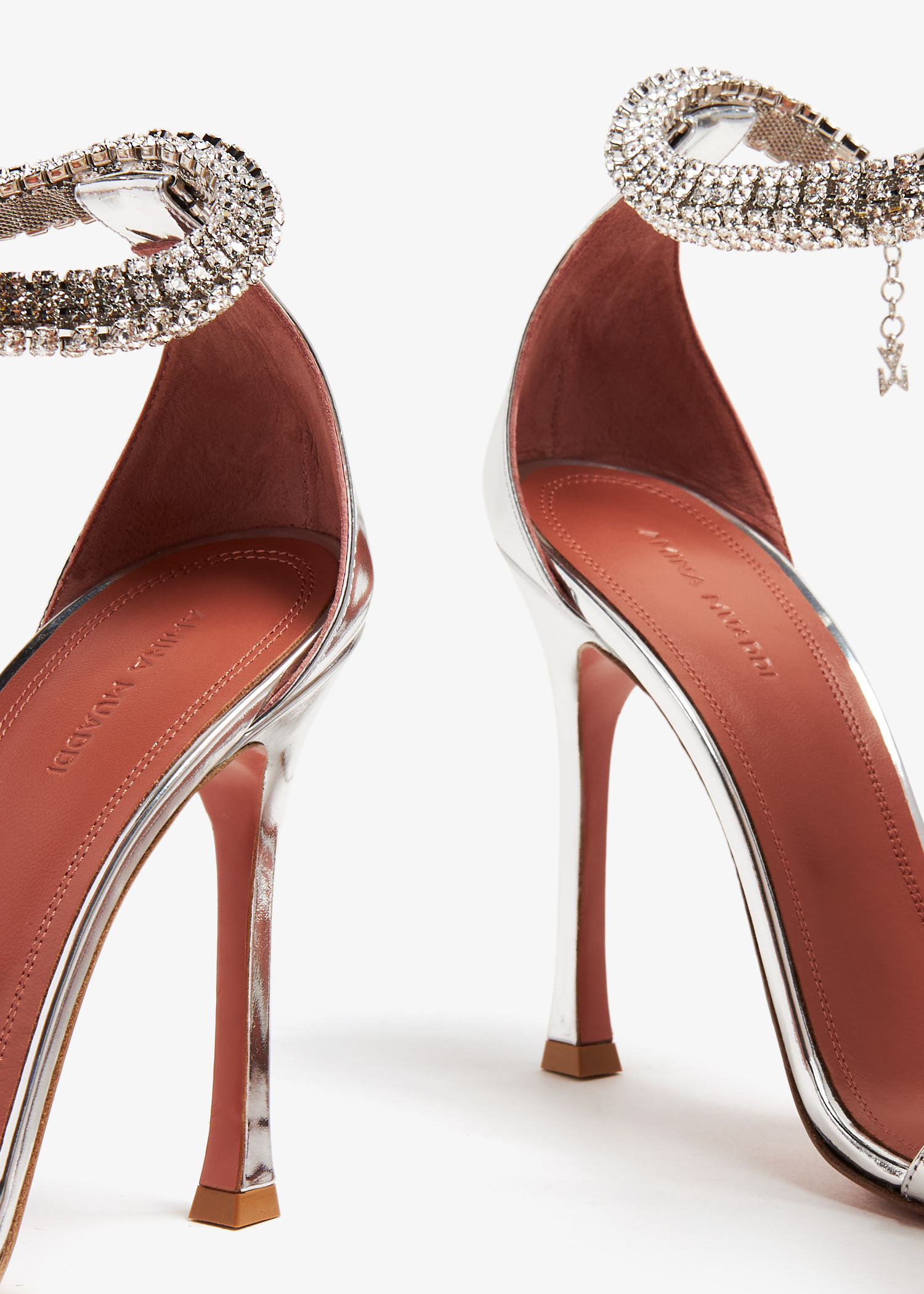 【関税込み】Amina Muaddi シルバー Iman Sandal ヒールサンダル Diana 95 embellished leather sandals in silver - Amina