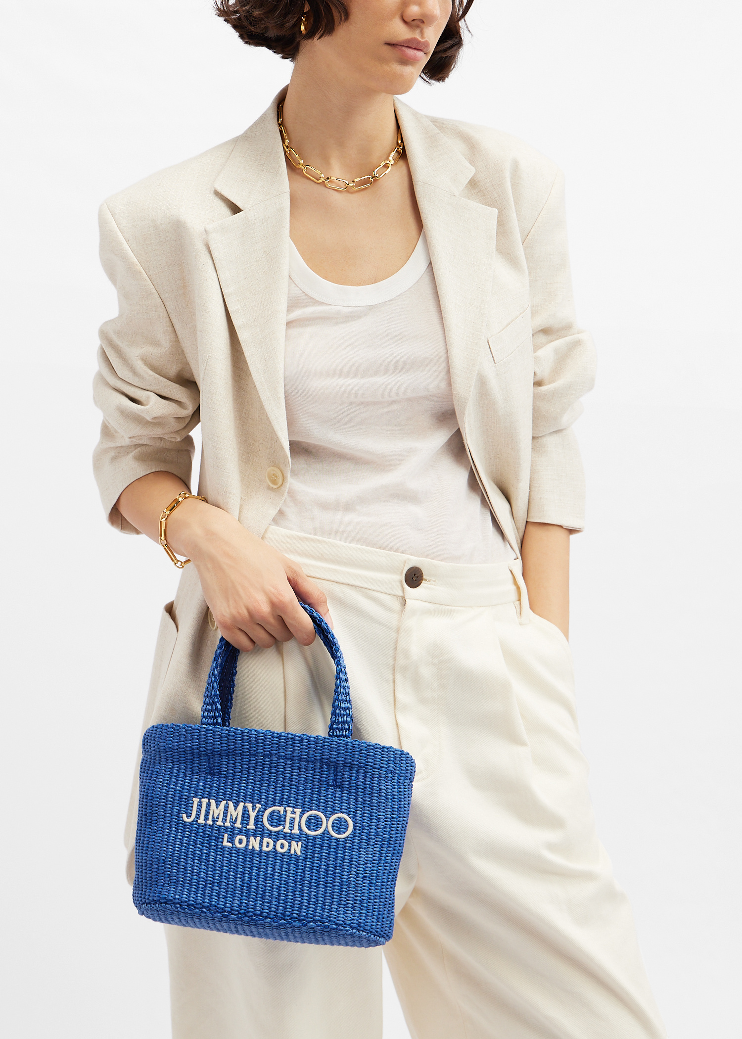 Jimmy Choo Raffia mini beach tote bag for Women - Blue in KSA