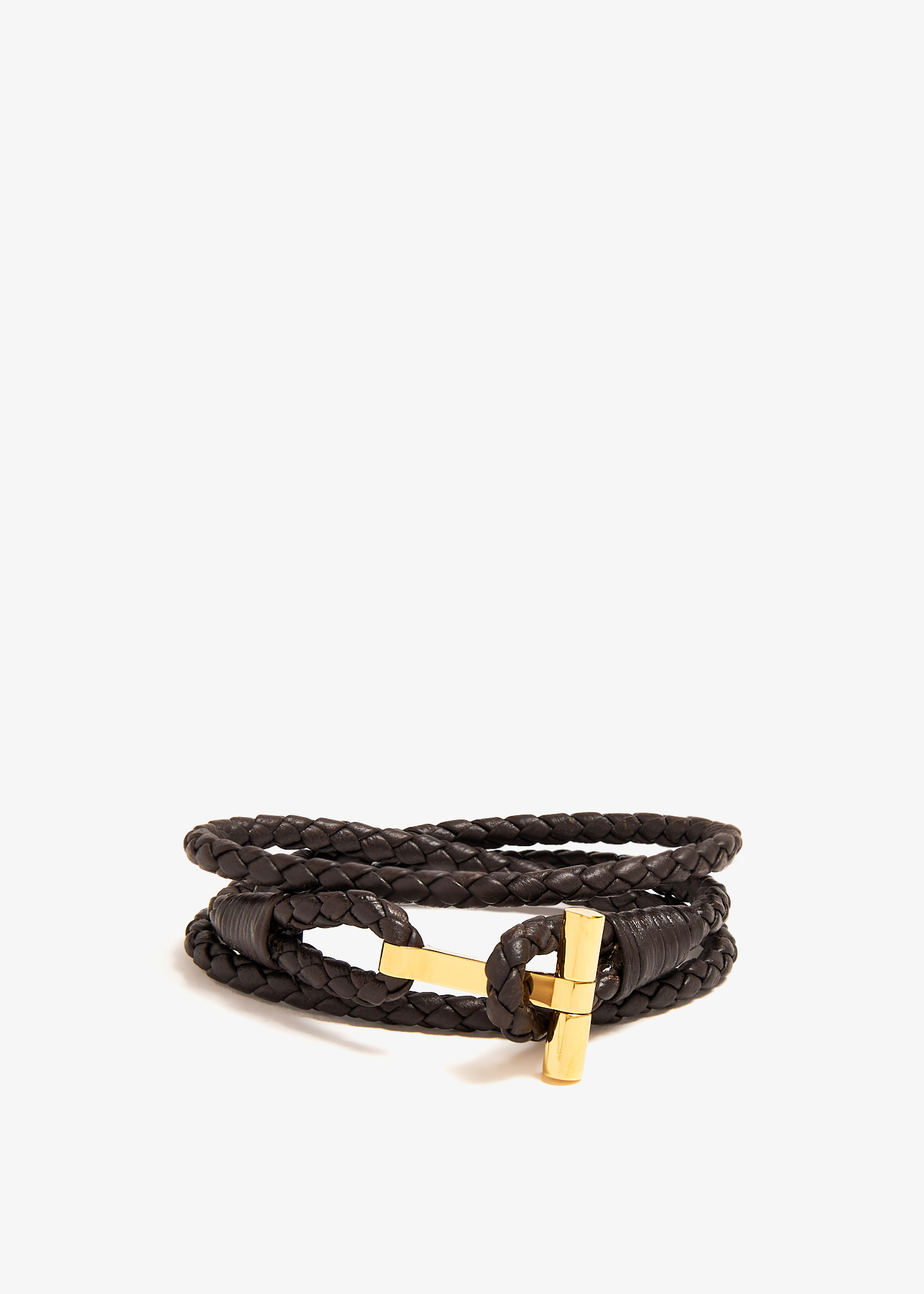 【送料&関税込】Tom Ford Dark Brown Leather Bracelet Tom Ford T woven leather bracelet for Men - Brown in UAE