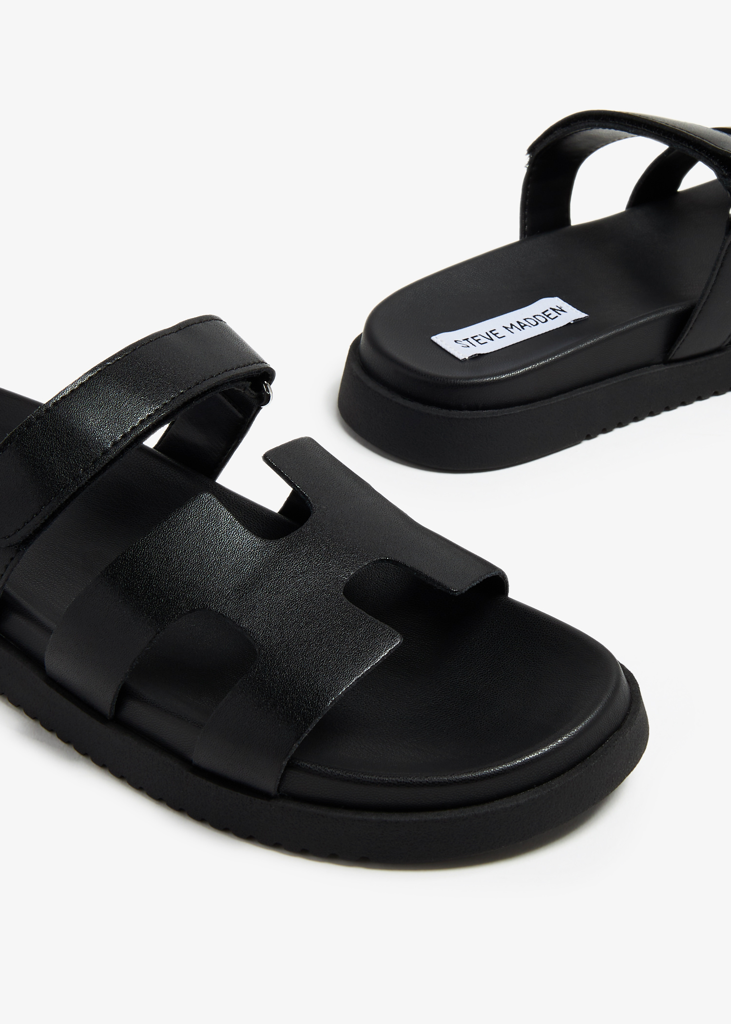 Steve Madden Emmett Black Leather Sandals ABOTT Black Leather Grommet Buckles Footbed Slide Women main image 3