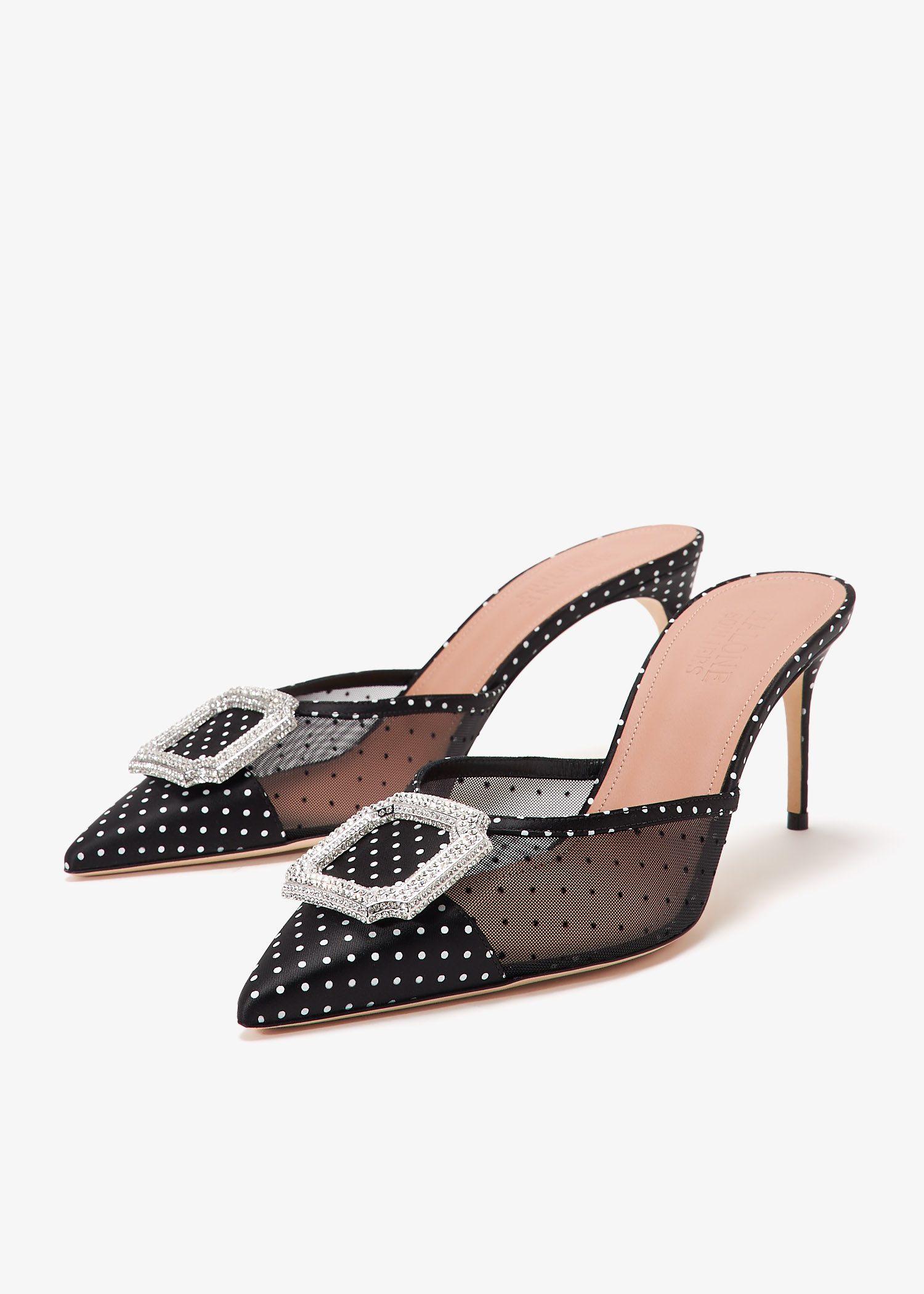 【MALONE SOULIERS】MONA 70 BLACK POLKA DOT SATIN MULES Black Polka Dot Satin with Embellishment | Malone Souliers
