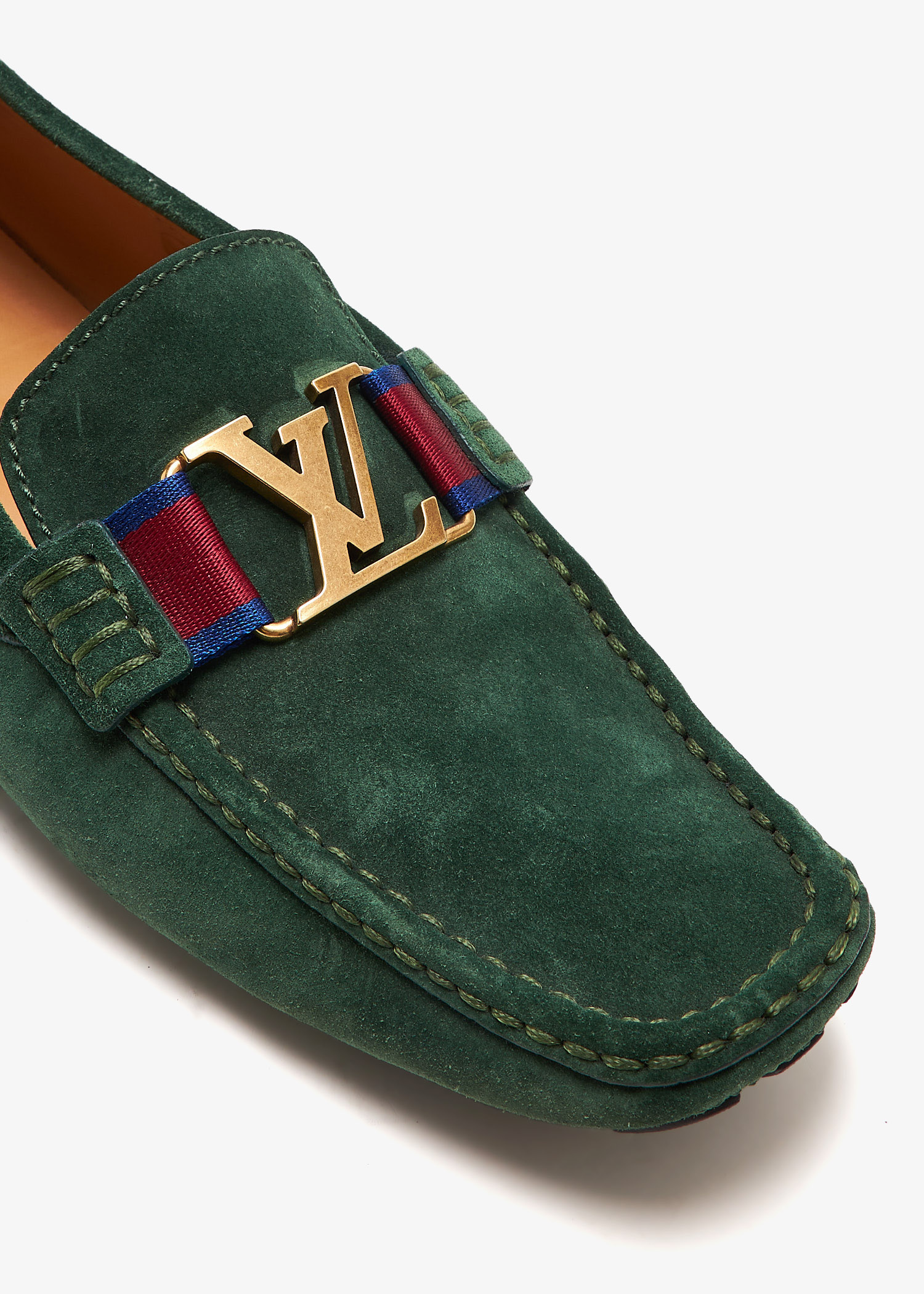 Original Louis Vuitton Loafers (used) Dark Green or Army green Louis Vuitton Grained Calfskin Monogram Mens Driver Moccasin  main image 3