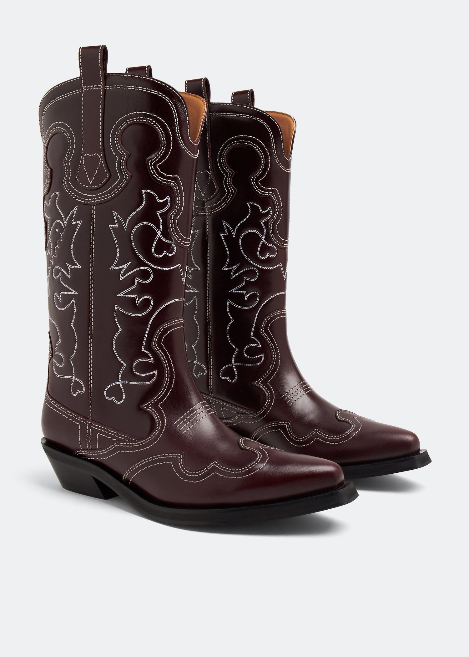 ミドルブーツ GANNI Women Boots S2620890 Brown GANNI Ganni Brown Mid Shaft Embroidered Western Boots 825.00