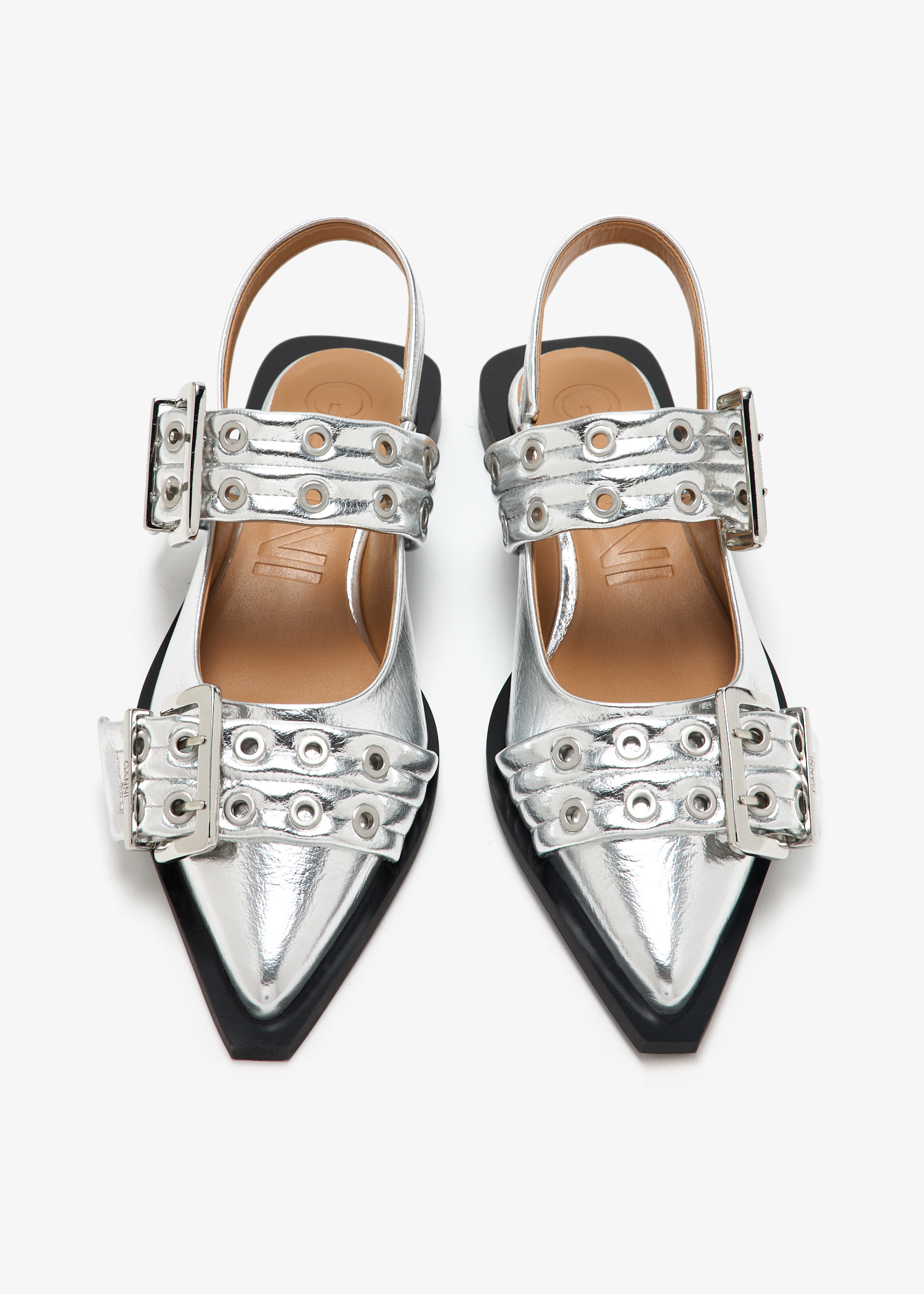 フラットシューズ GANNI Feminine Buckle Ballerina Flat Shoes Silver S2725018 Silver Metallic Feminine Buckle Ballerinas | GANNI US