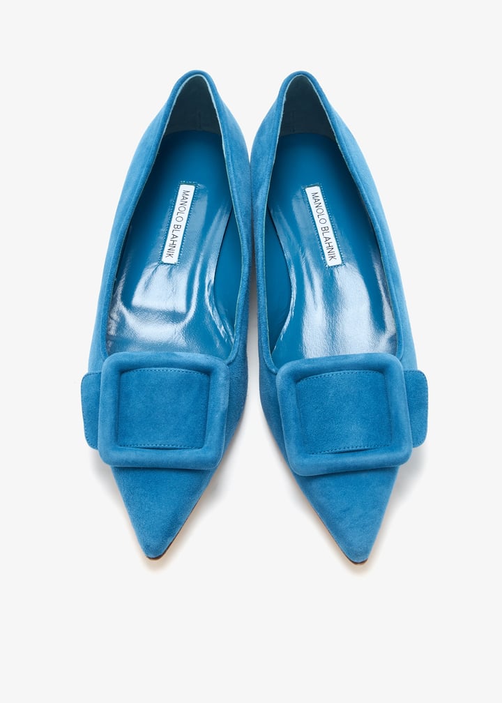 【MANOLO BLAHNIK】Maysale ブライトブルー スエード フラット MAYSLI | Light Blue Suede Buckle Detail Slingback Pumps