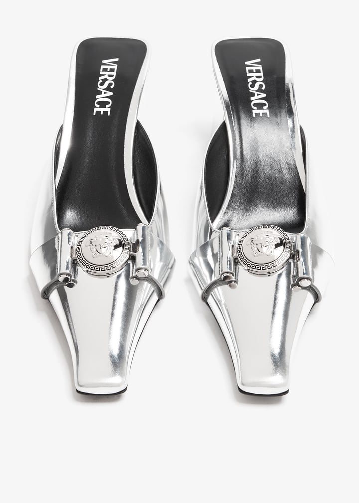 マウリエル Versace Medusa buckle mid mules for Women - Silver in UAE