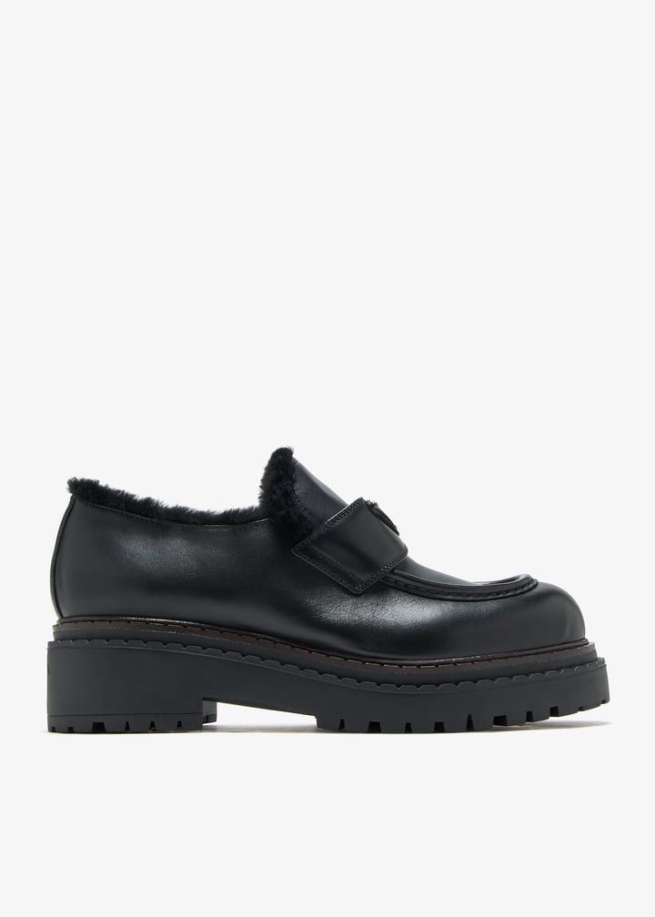 Prada Double Chocolate leather and shearling loafers for Women