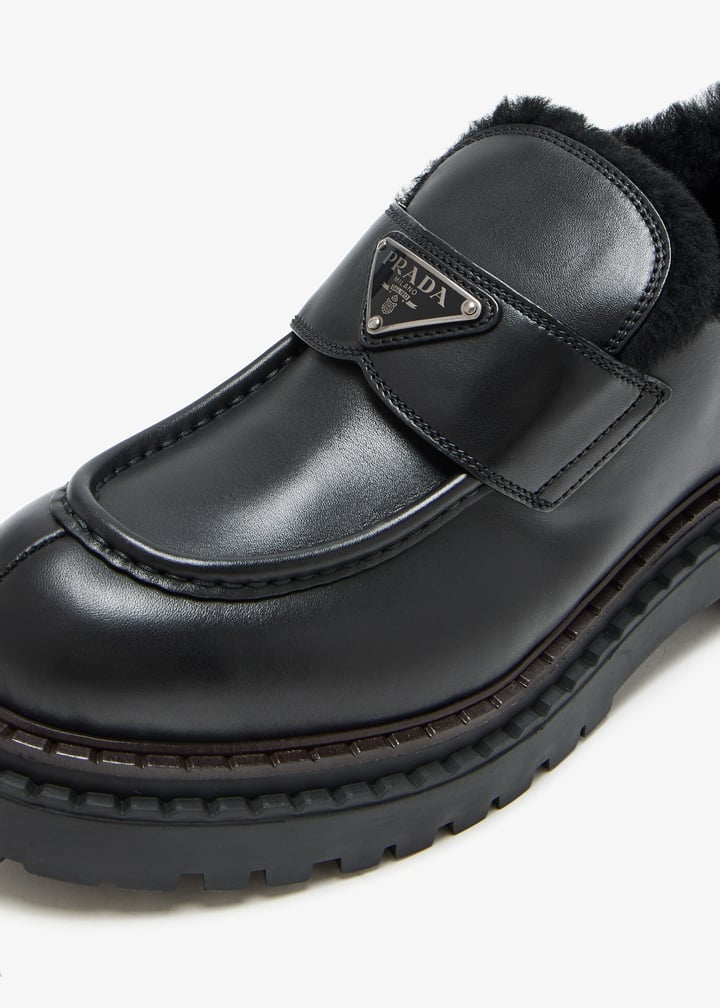 Prada Double Chocolate leather and shearling loafers for Women