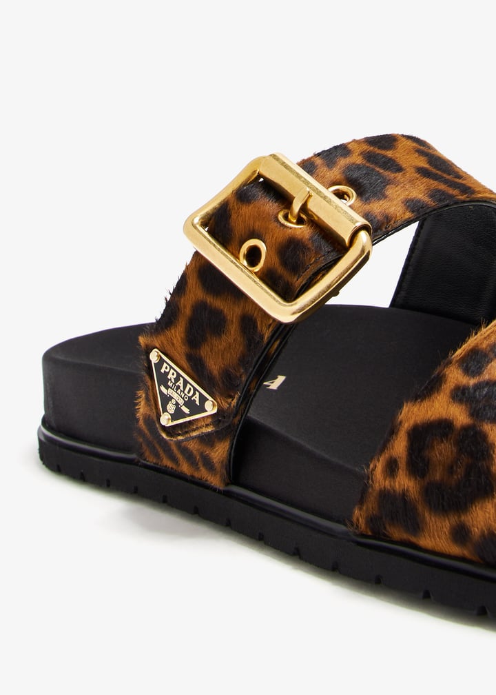 サンダル・ミュール Prada Leopard Printed Calf Hair Slide Sandals Prada Animal Print Genuine Calf Hair Slide Sandal (Women