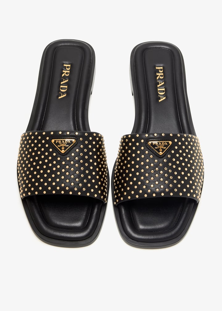 【韓国ブランド】MONOHA：25SS Leather combo slide Black Padded Nappa Leather Slides | PRADA