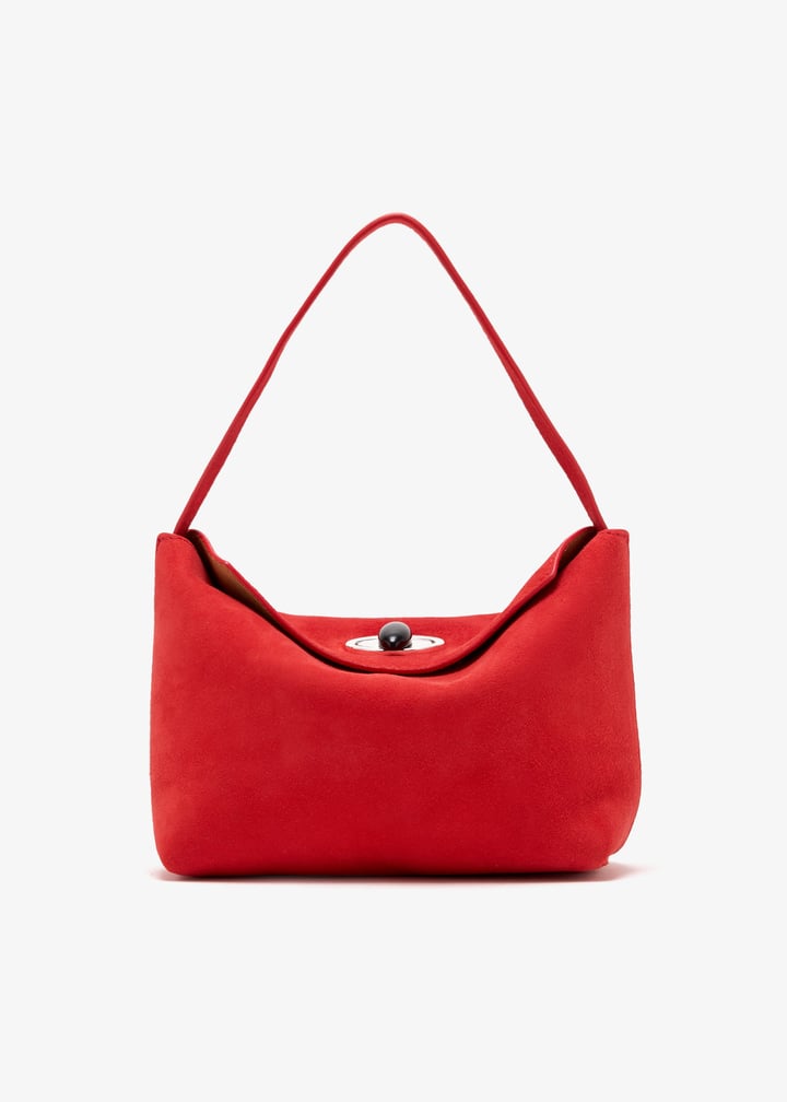 Turnlock suede shoulder bag