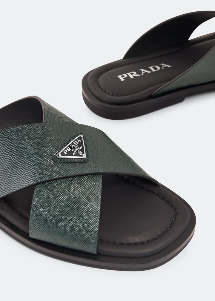 Prada Saffiano leather crisscross sandals for Men - Green in  display picture 2