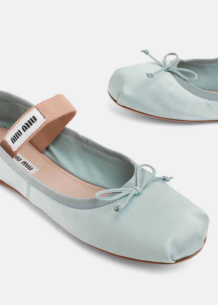 Miu Miu Blue Satin Ballet Flats MIU MIU Satin Logo Strap Ballet