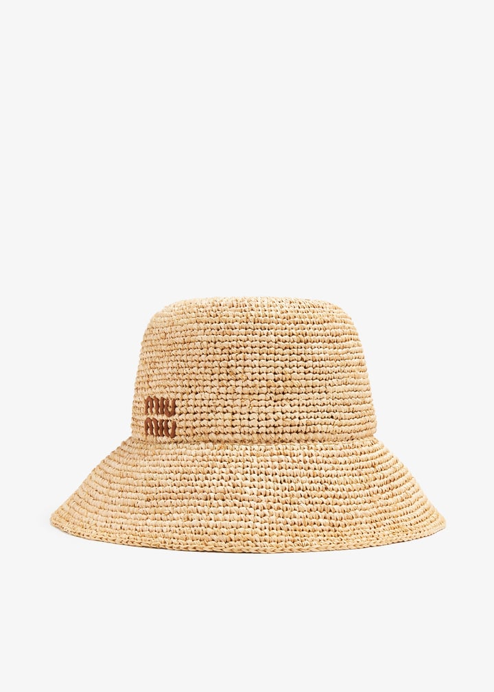 【MIUMIU】Crochet Raffia Bucket Hat (Natural:Cognac) Beige/cognac Raffia Hat | Miu Miu
