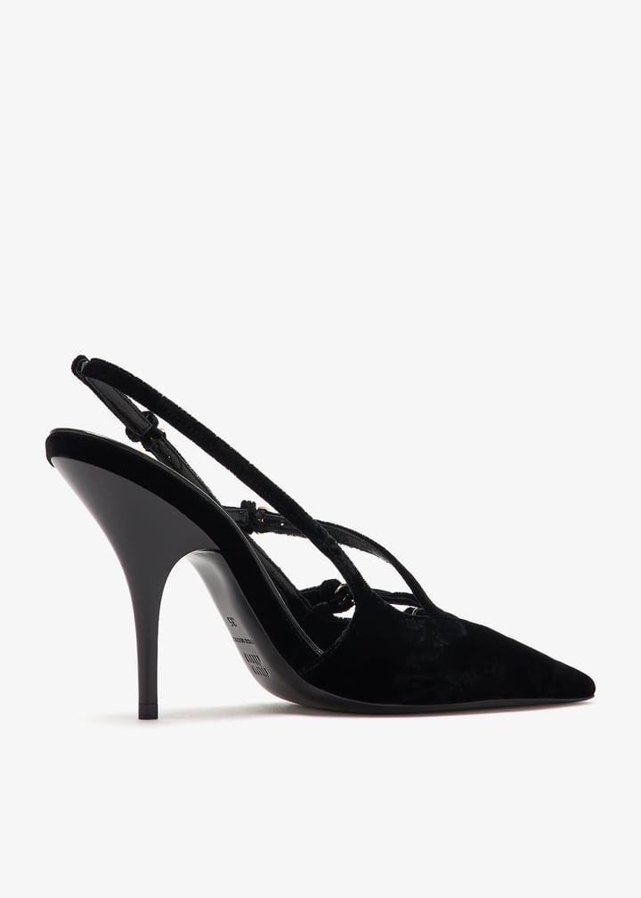【関税込み】miu miu VELVET SLINGBACK Chain-detail velvet slingback pumps in black - Miu Miu
