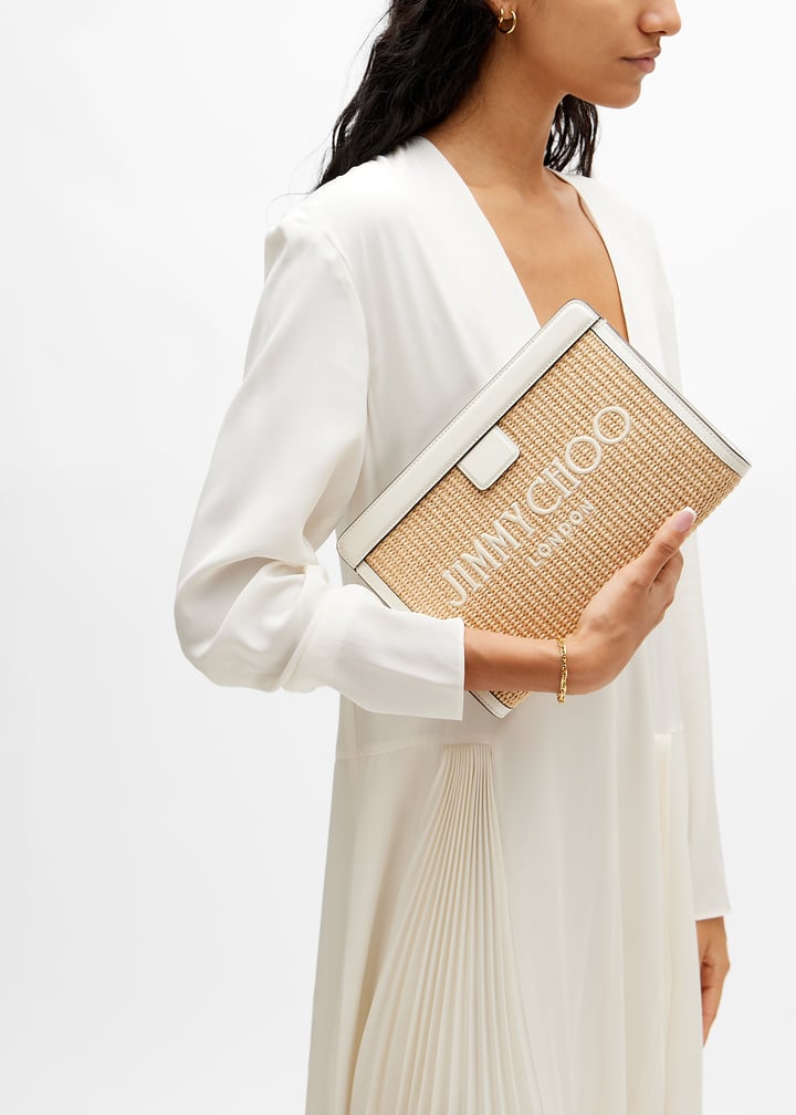 直営店‐Jimmy Choo‐ Avenue ポーチ Avenue Pouch | Latte 刺繍入り Natural ラフィアレザー・ポーチ