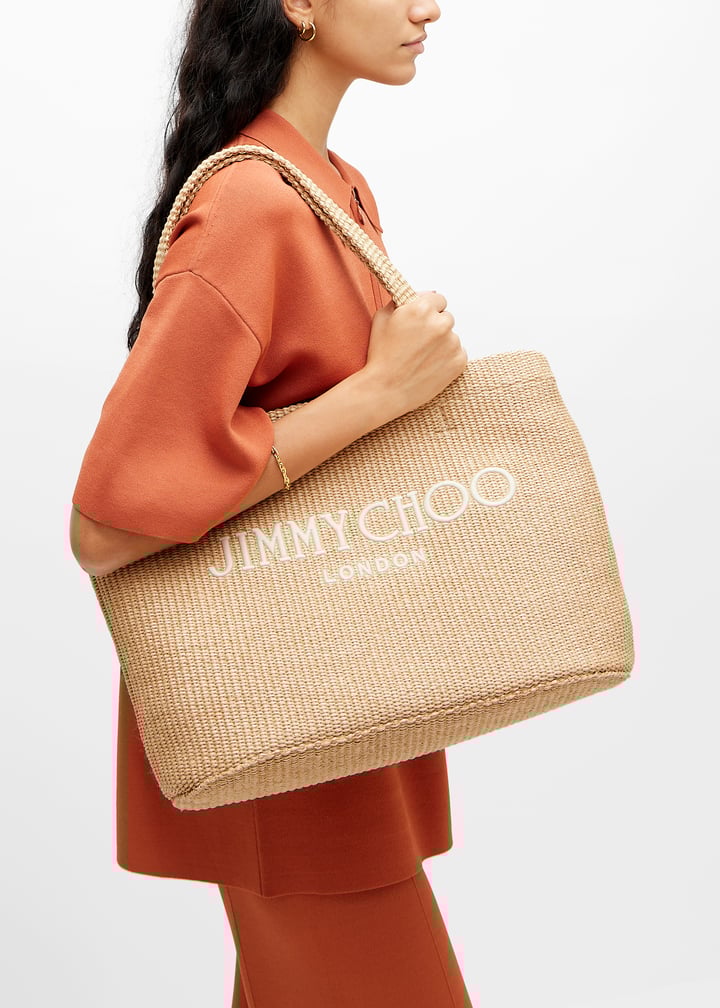 トートバッグ Jimmy Choo Nude Raffia Shopper Bag Beach Tote E/W | Natural Raffia Embroidered Tote Bag | JIMMY