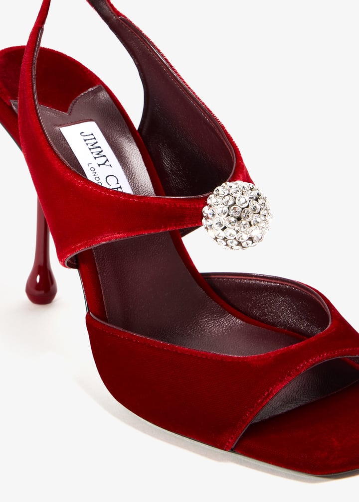 JIMMY CHOO Orb 95 ベルベット・サンダル Orb 95 | Ruby Red Velvet Sandals | JIMMY CHOO