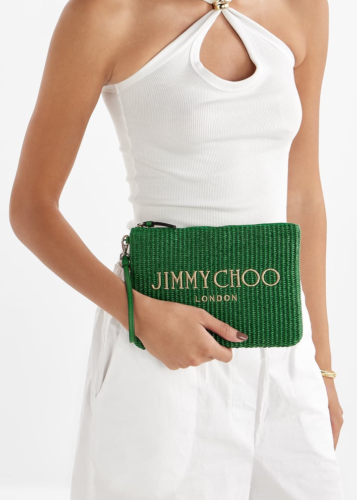 国内【Jimmy Choo】Zip Top Pouch グリーン ラフィア・ポーチ ジップ トップ ポーチ | グリーン ラフィア・ポーチ | ジミー チュウ