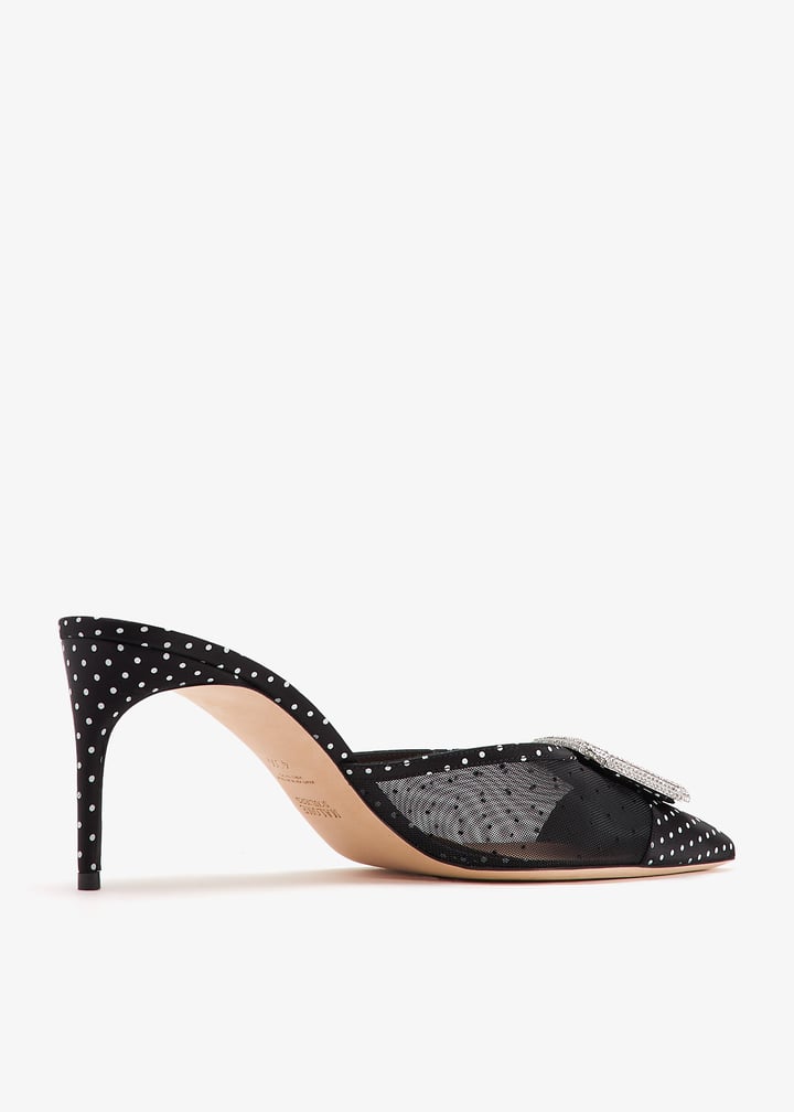 サンダル・ミュール MALONE SOULIERS MONA 70 MULES Mona 70 Black Satin Mules with Crest Buckle | Malone Souliers
